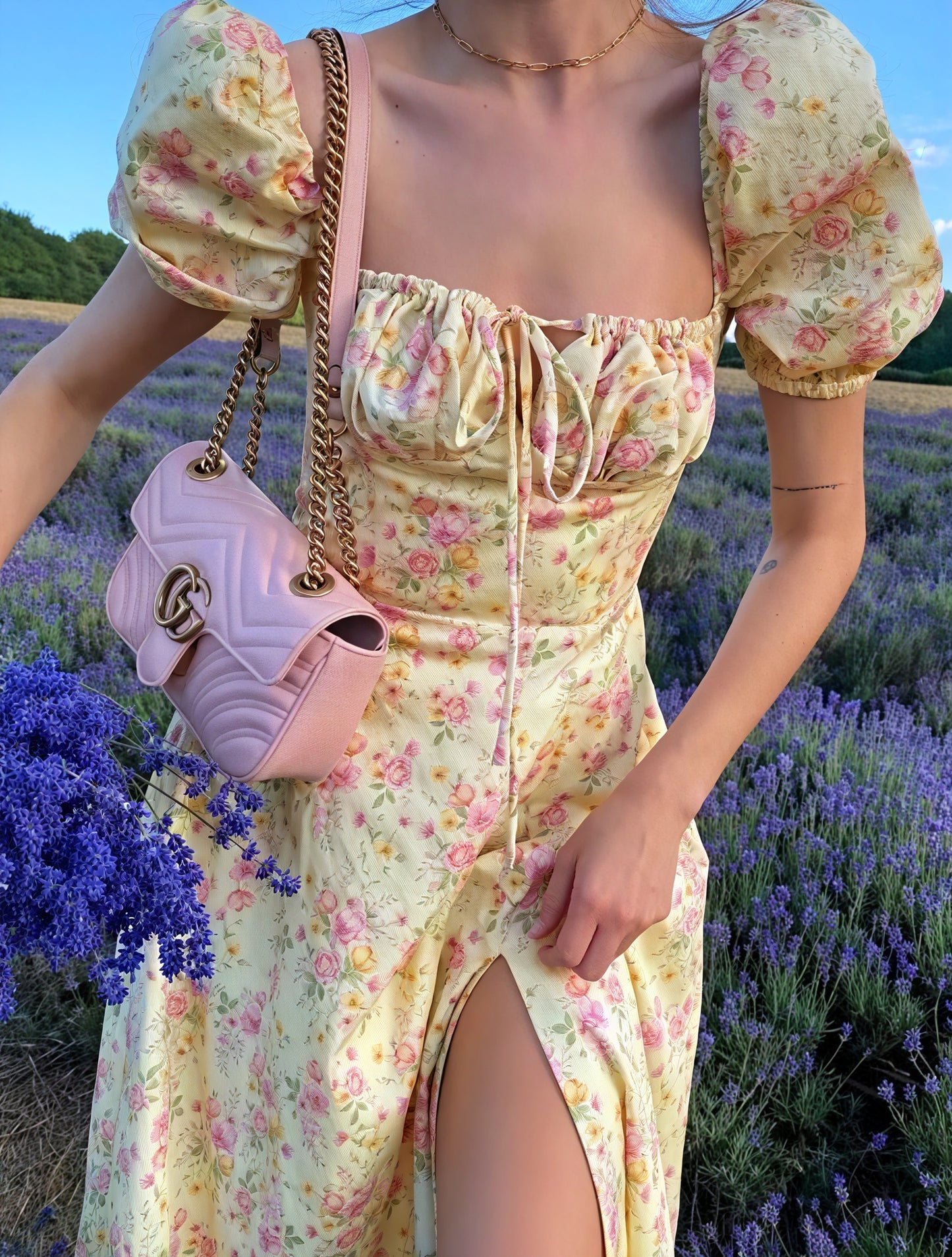 Floral Dress Square Neck Puff Sleeve Tie Bust High Slit Romantic Summer Garden Party-82654-2a852fec-08c1-4e82-a7ac-d2597e55f445