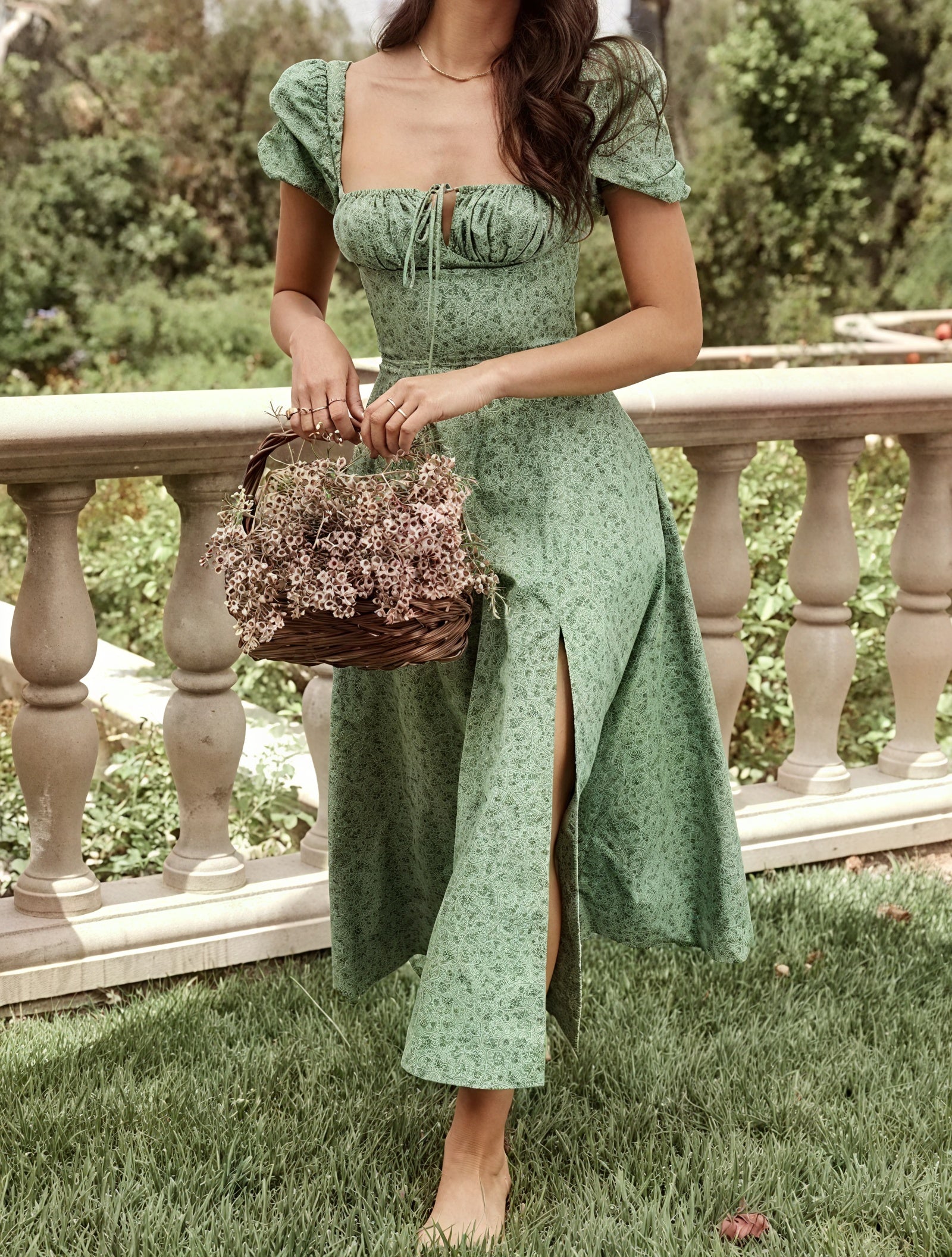 Floral Dress Square Neck Puff Sleeve Tie Bust High Slit Romantic Summer Garden Party-82654-dbb84192-f3d1-47df-add0-14411cdb2540