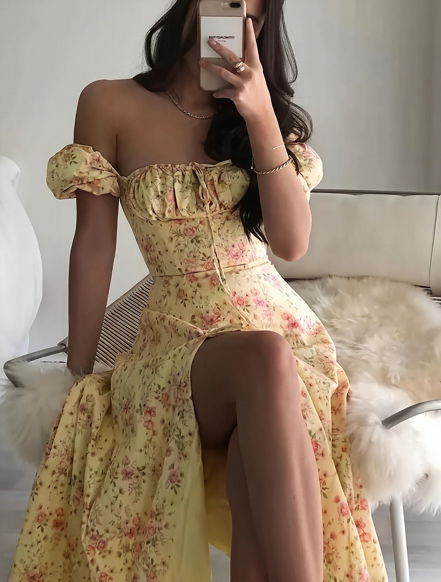 Floral Dress Square Neck Puff Sleeve Tie Bust High Slit Romantic Summer Garden Party-82654-20c49eb6-f973-4fa7-99fe-8dd297965023