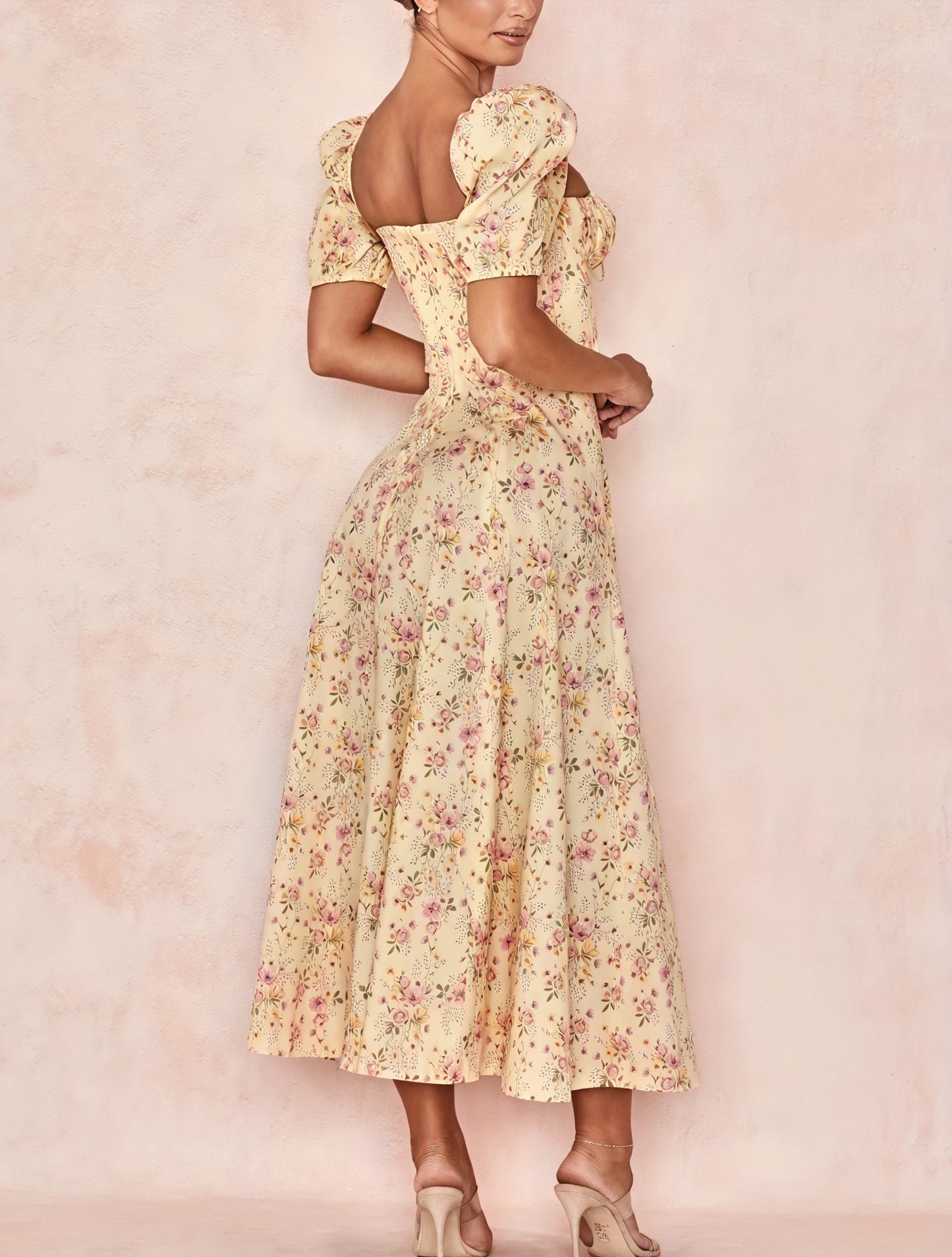 Floral Dress Square Neck Puff Sleeve Tie Bust High Slit Romantic Summer Garden Party-82654-0482daa6-6141-43c5-9c78-f15b2f43083a