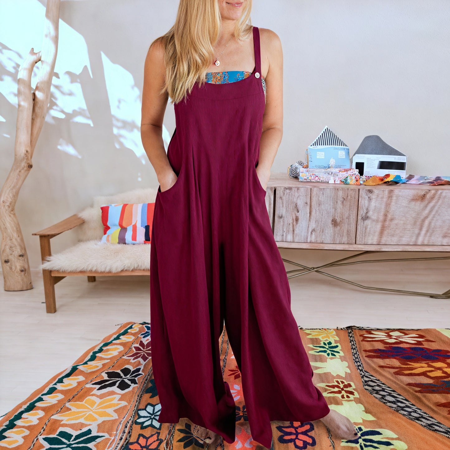 Flowing Jumpsuit - Wide Leg, Button Straps