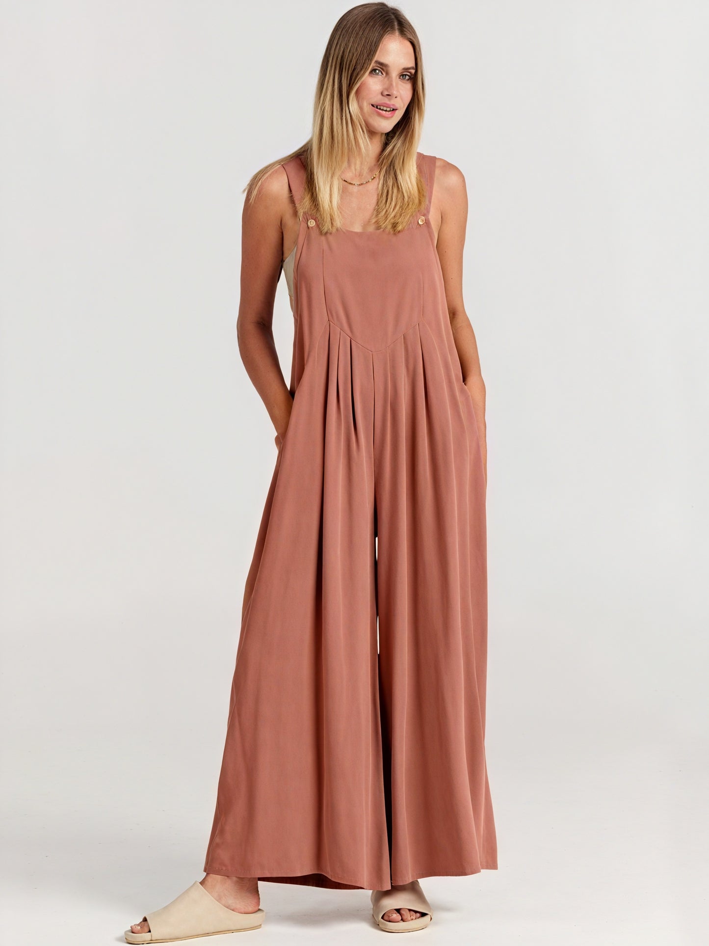 Flowing Jumpsuit - Wide Leg, Button Straps