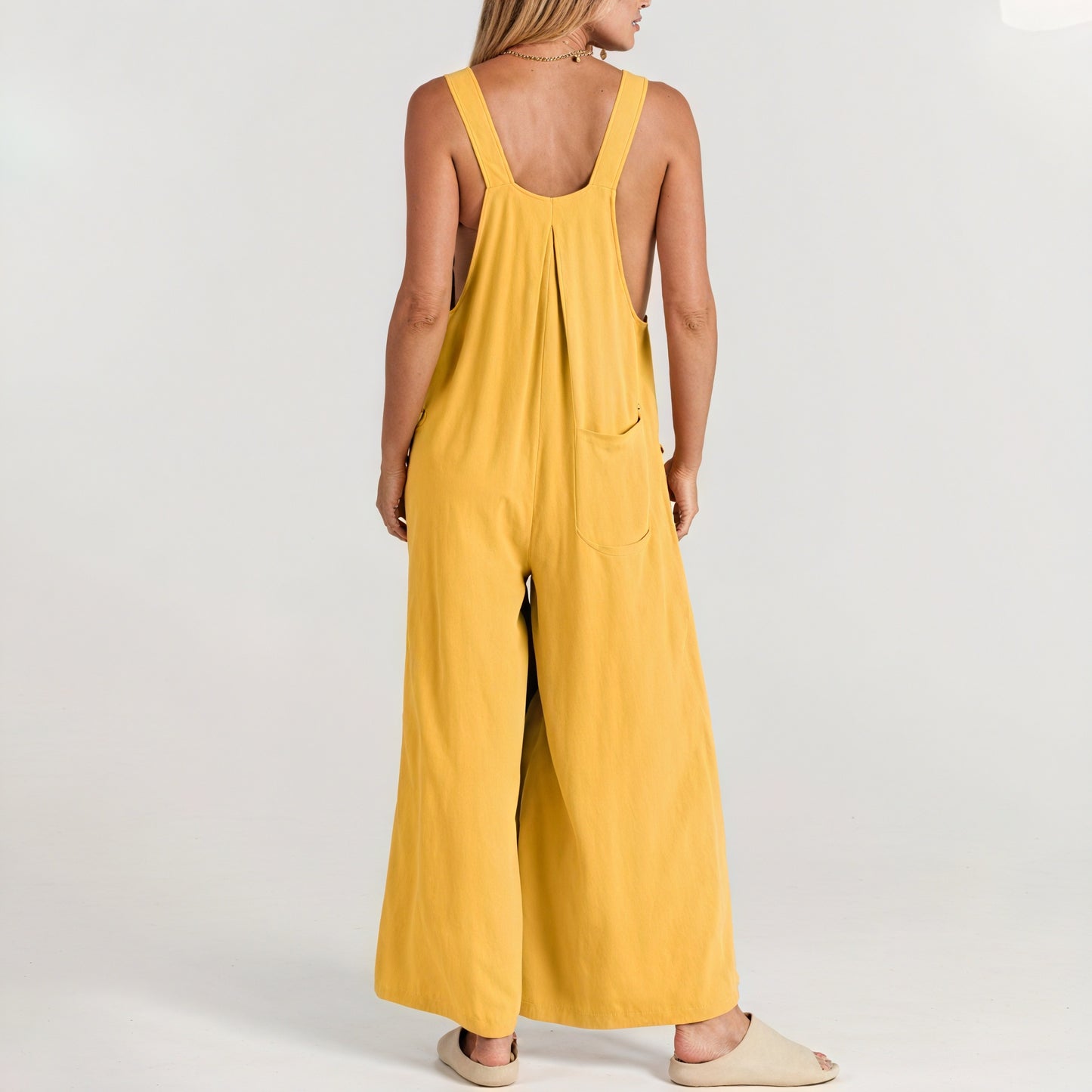 Flowing Jumpsuit - Wide Leg, Button Straps