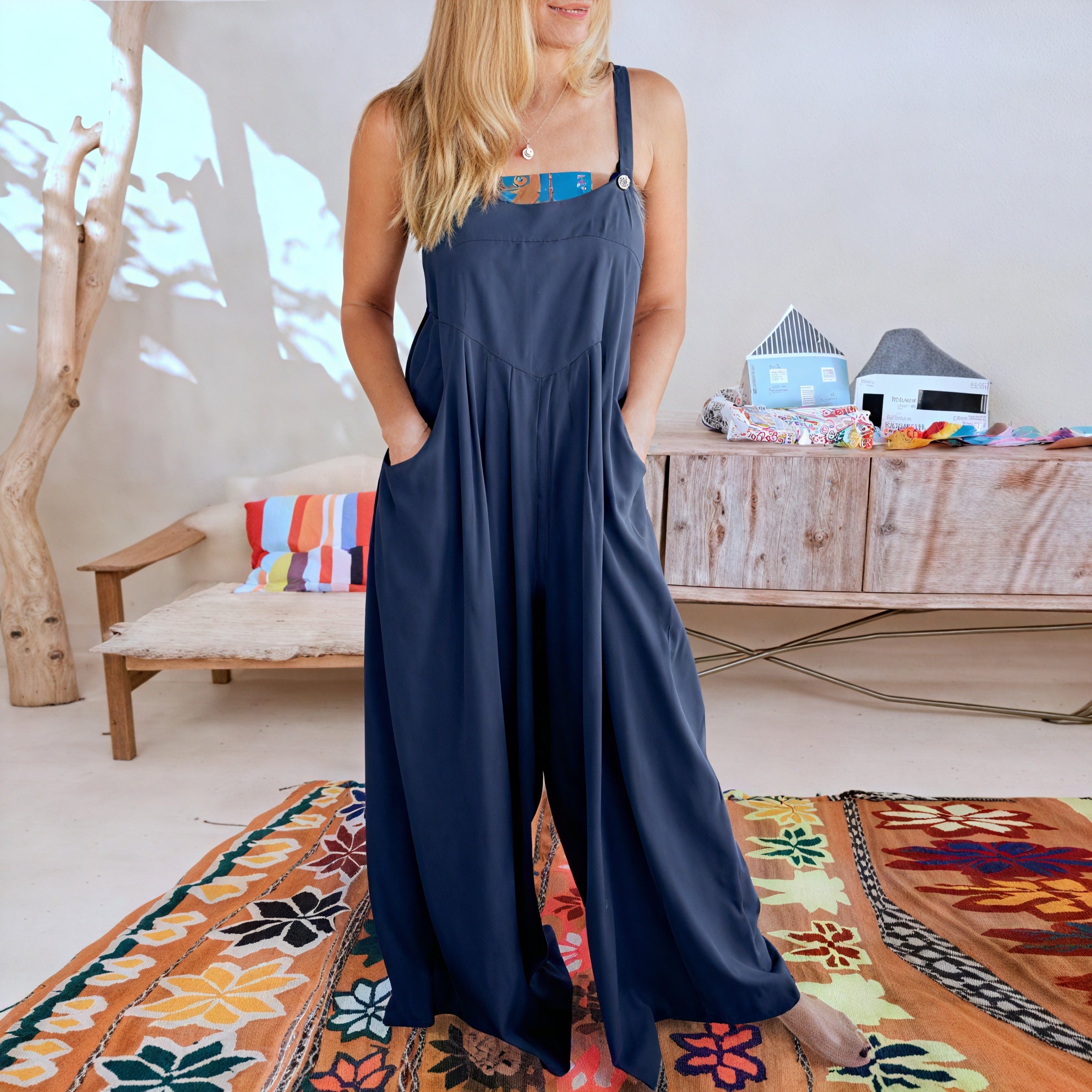 Flowing Jumpsuit - Wide Leg, Button Straps