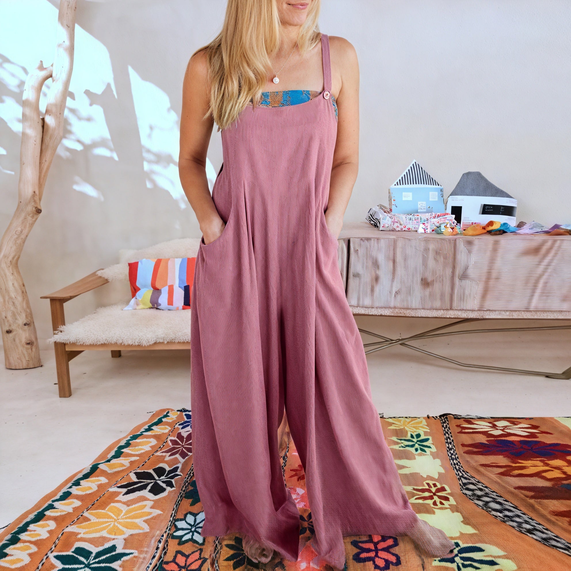 Flowing Jumpsuit - Wide Leg, Button Straps