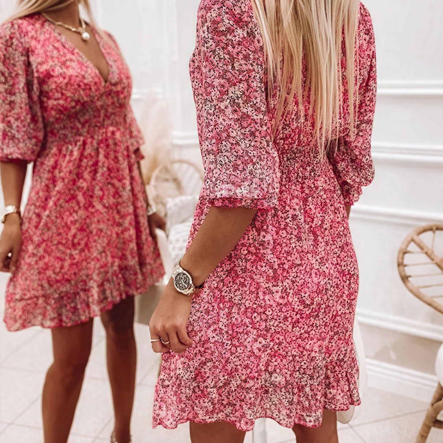 Floral Flared Dress - V-Neck, Fitted Waist