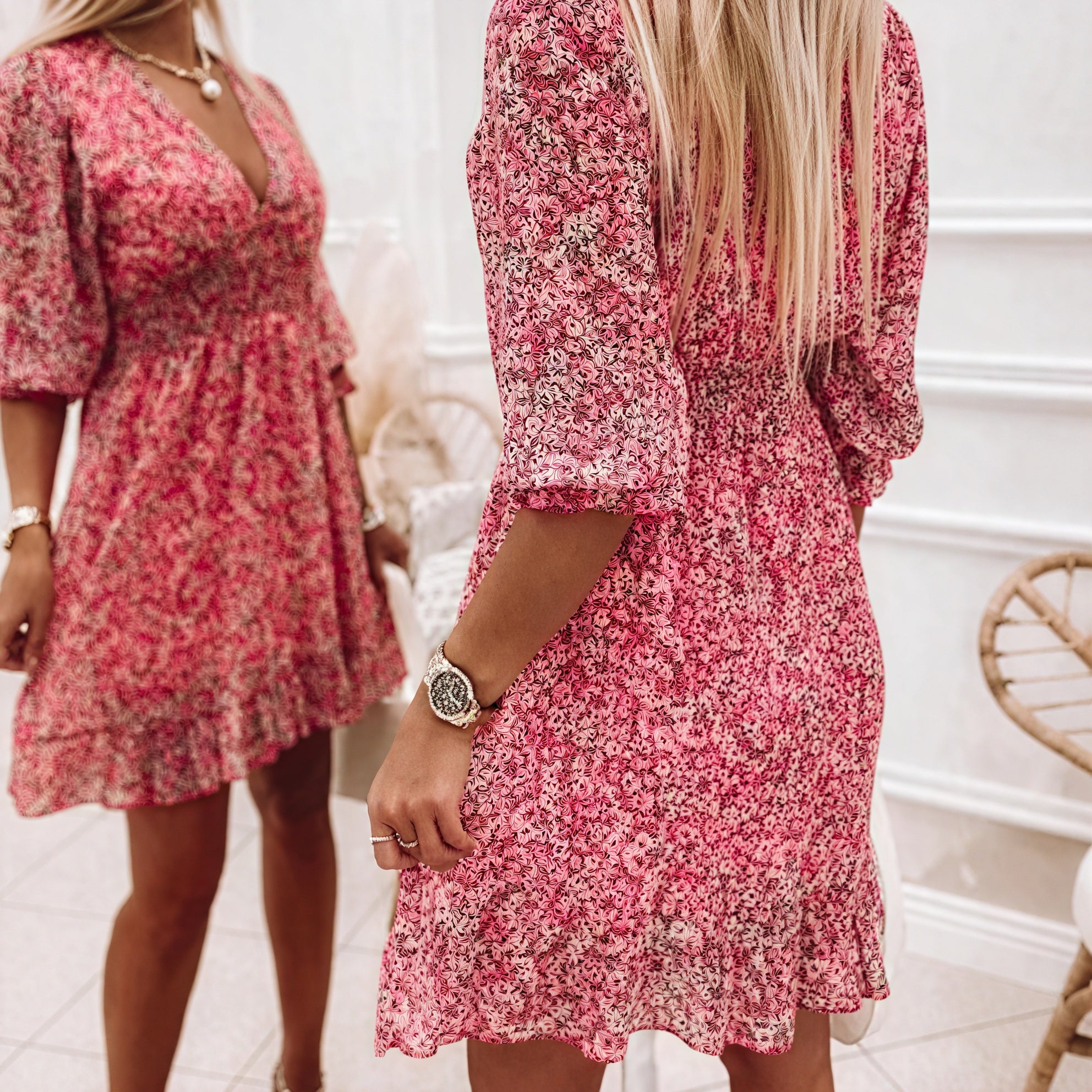 Floral Flared Dress - V-Neck, Fitted Waist