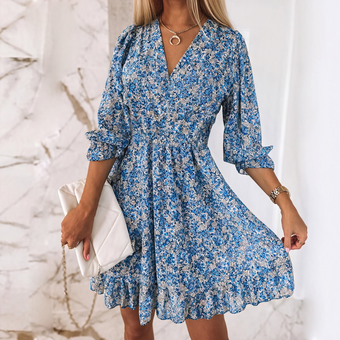 Floral Flared Dress - V-Neck, Fitted Waist