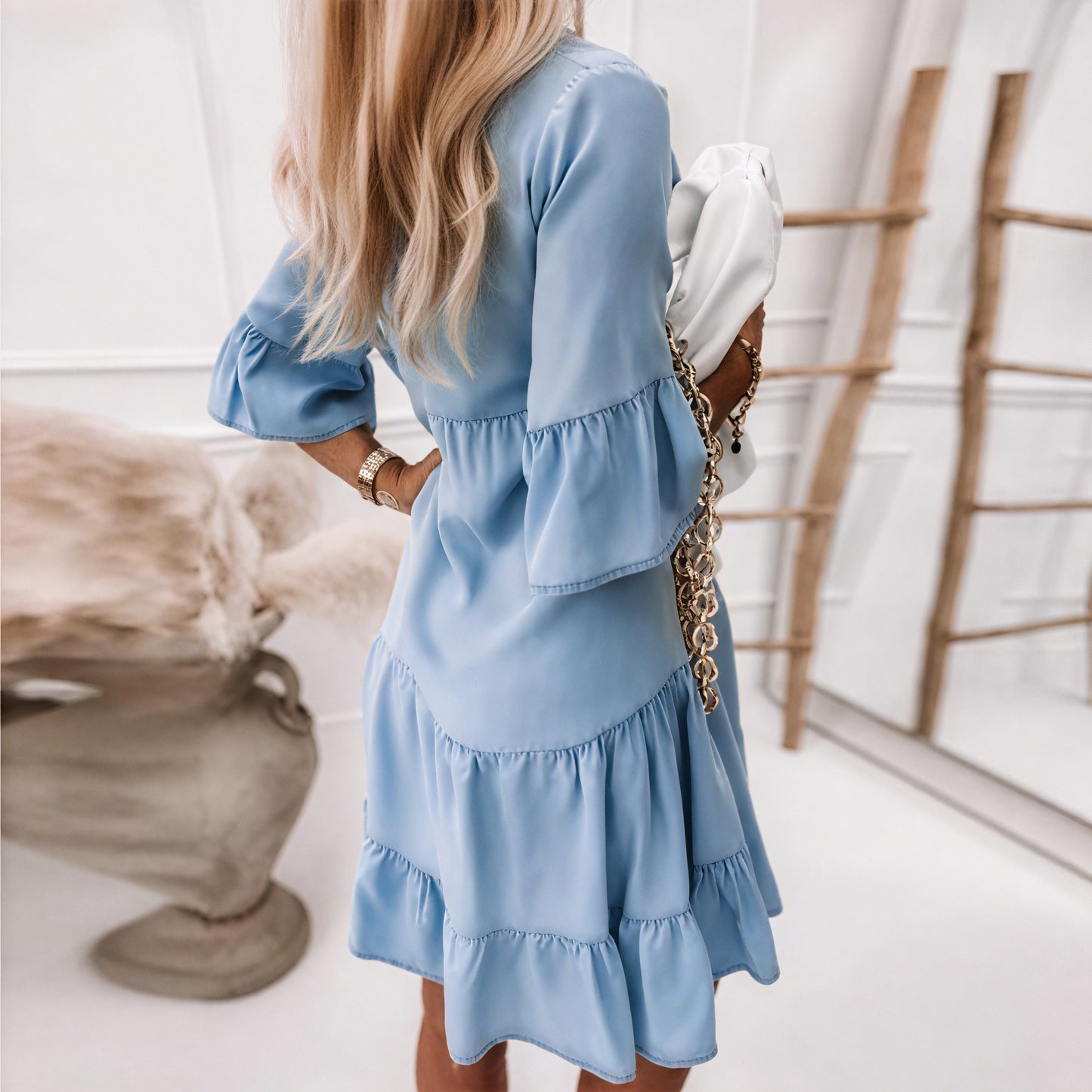 Tiered Denim Dress - Ruffled Sleeves, Button-Down