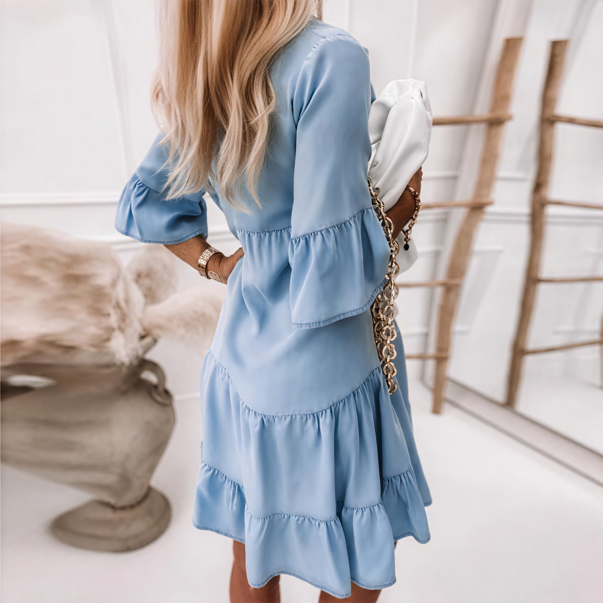 Tiered Denim Dress - Ruffled Sleeves, Button-Down
