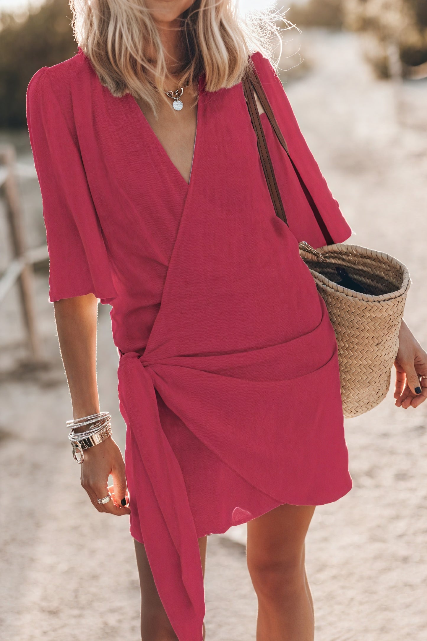 Women's Wrap Dress – V-Neck, Tie Waist, Short Sleeve, Linen Blend, Bohemian Style-82990-fe95d66a-5d8f-4ff2-af6b-1f820d365f60
