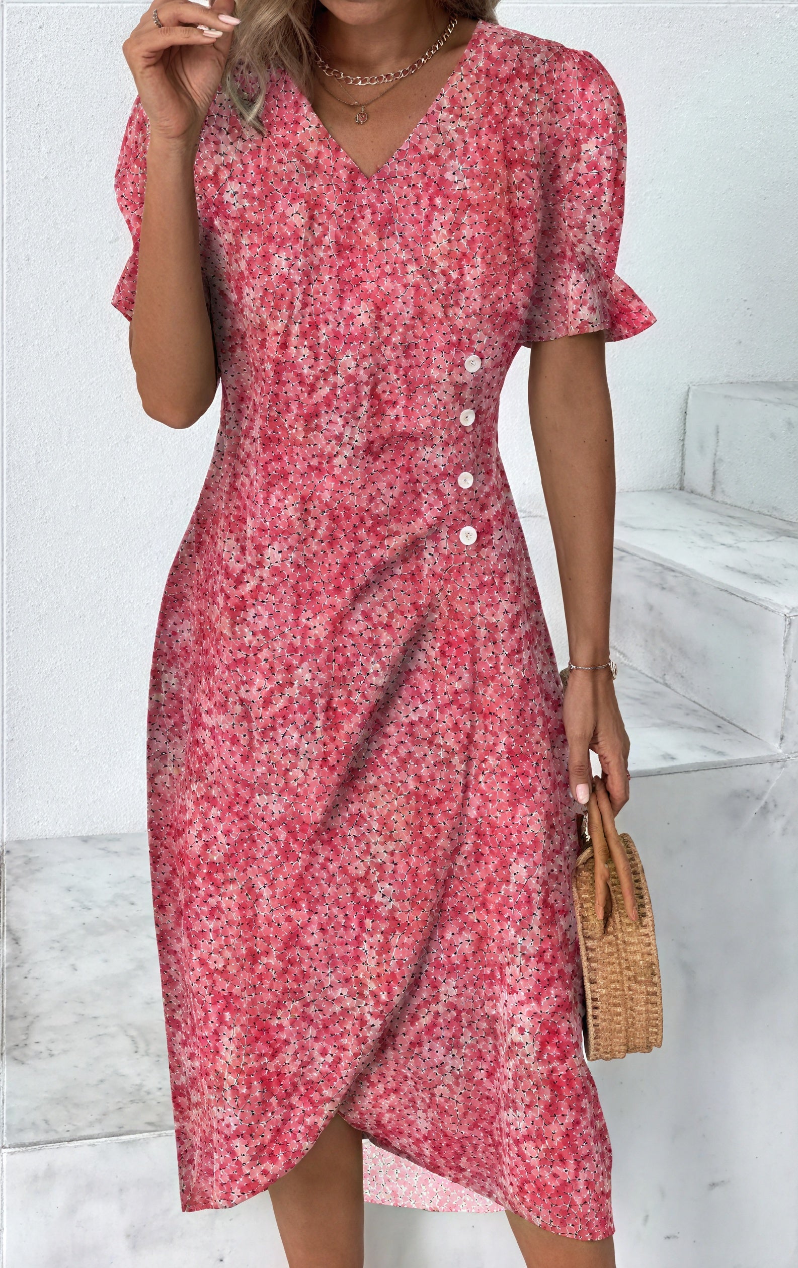Floral Print Wrap Dress with Ruffled Sleeves