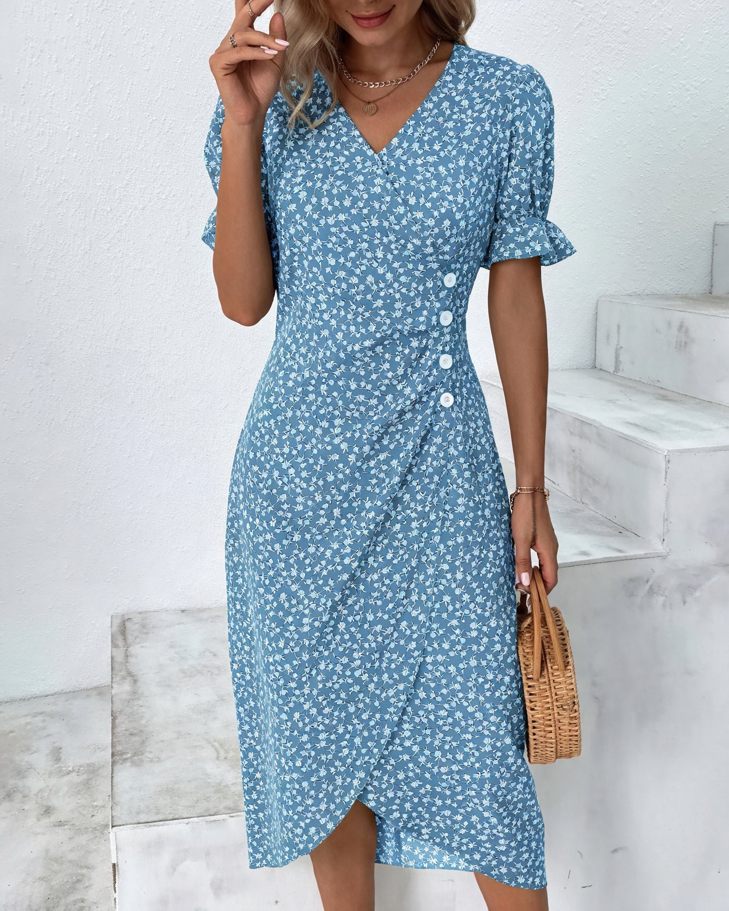Floral Print Wrap Dress with Ruffled Sleeves