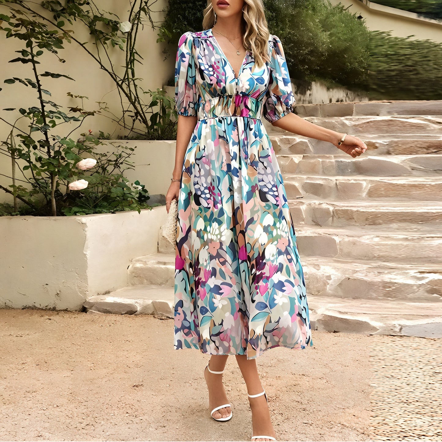 Floral Print Midi Dress with Flowing Silhouette