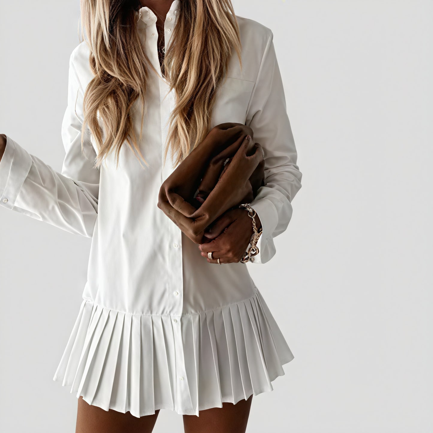 Pleated Shirt Dress with Button Detail