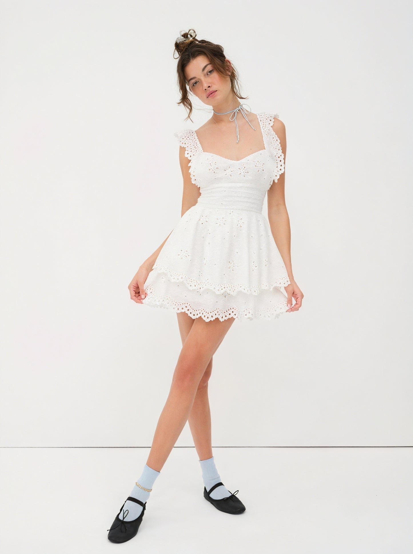 Romantic Eyelet Dress - Tiered Skirt, Sweetheart Neckline