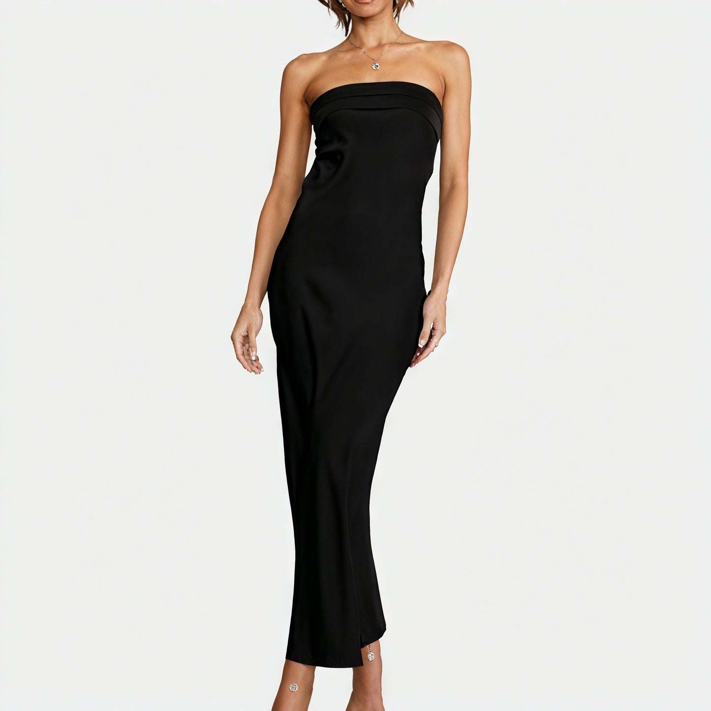 Courtney | Elegant Strapless Long Satin Look Dress - Image 2