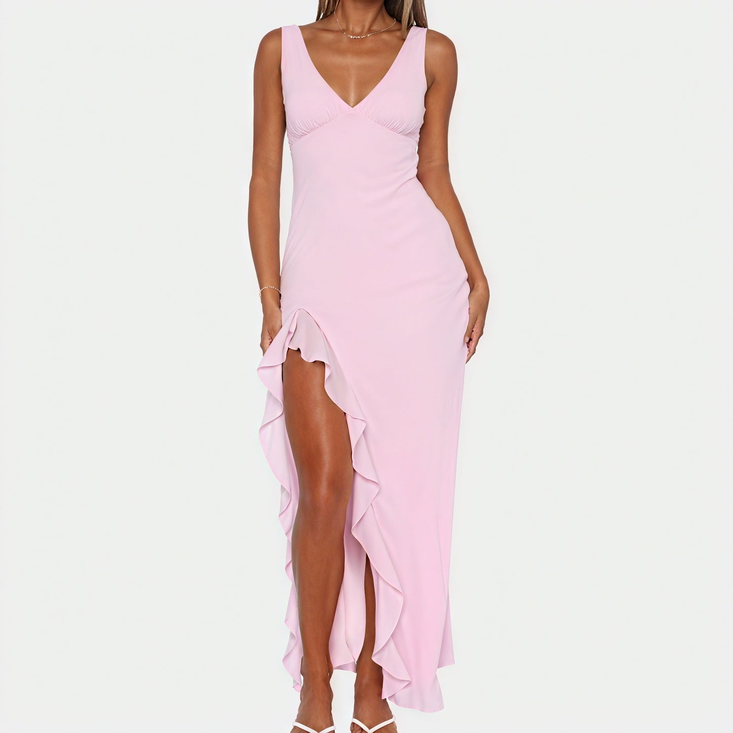Paige | Elegant Sleeveless V-Neck Maxi Dress with Asymmetrical Slit - Image 4