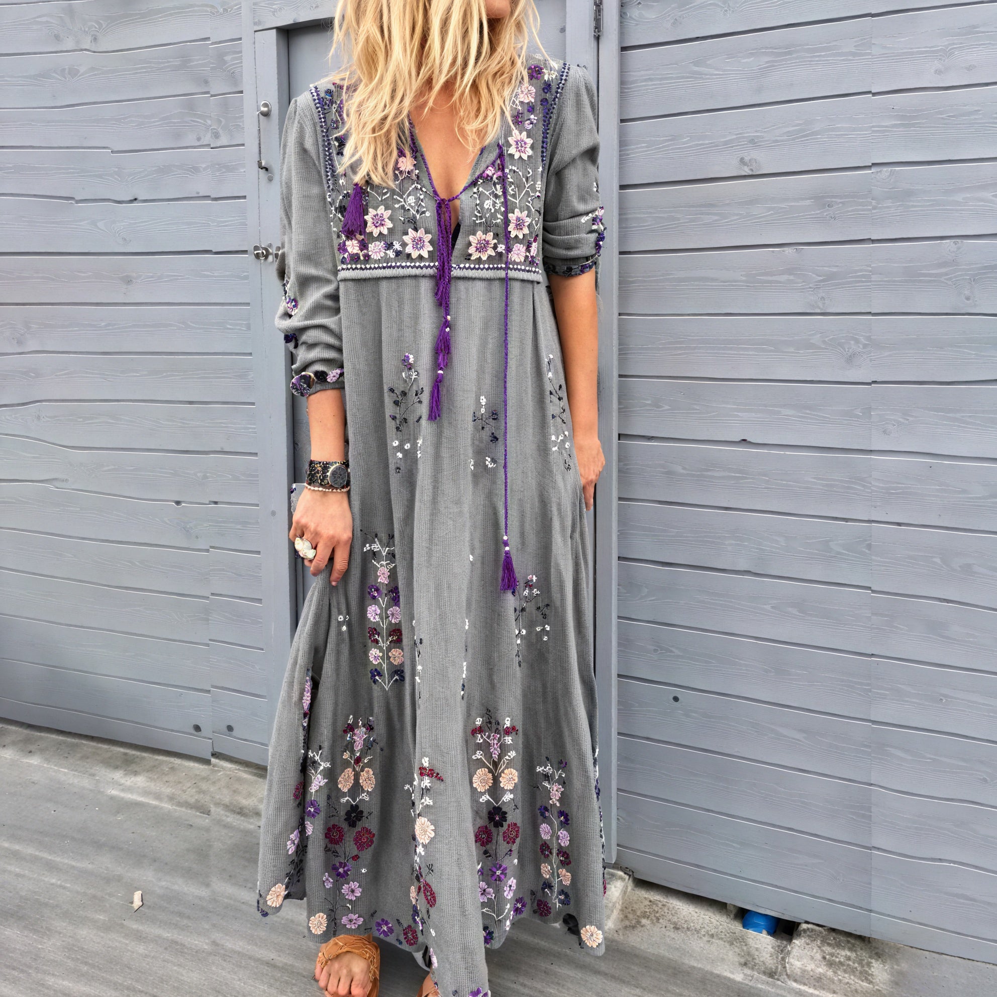 Lilly | Long-Sleeve Bohemian Maxi Dress with Embroidered V-Neck and Tassels - Image 3
