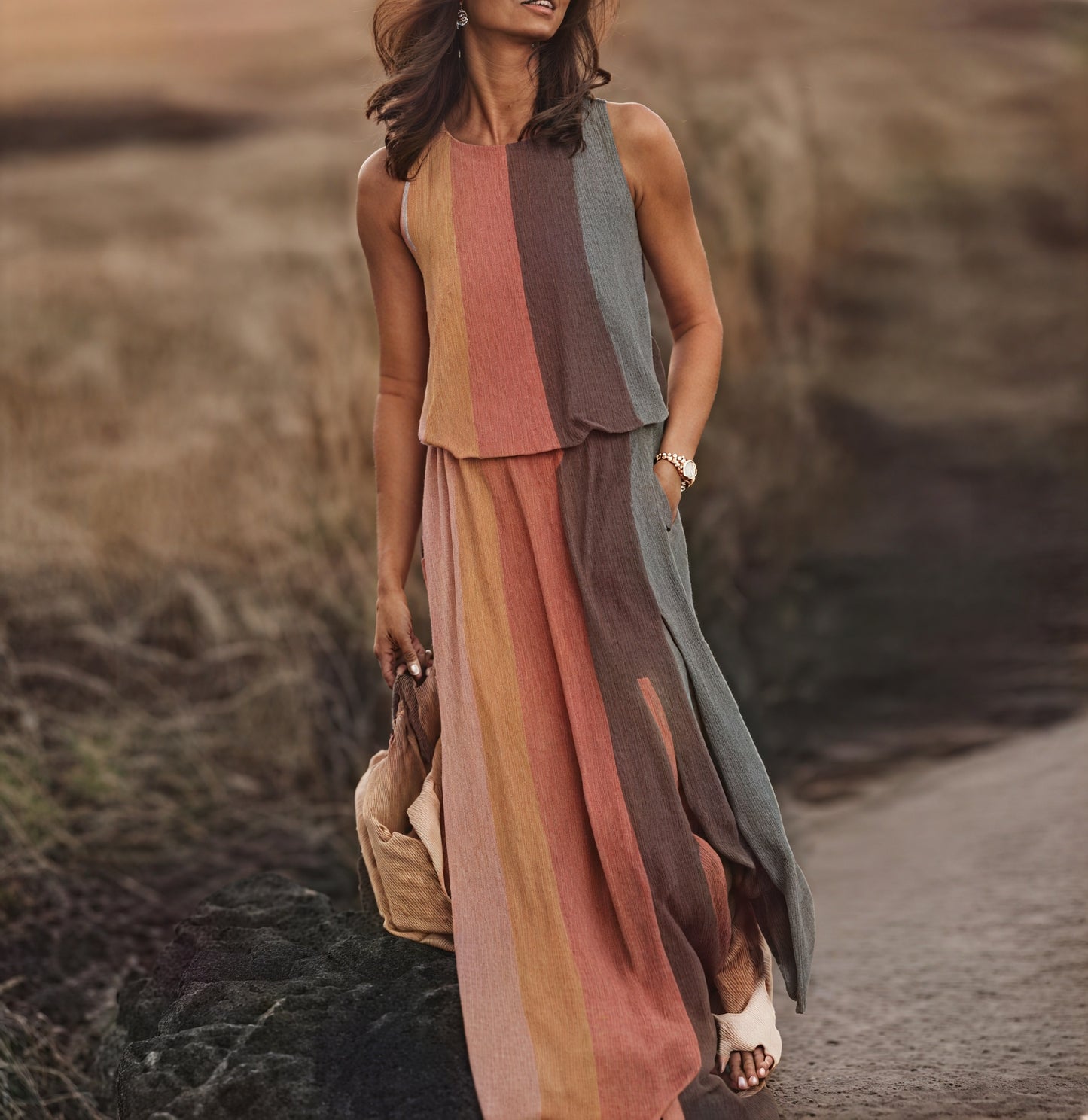 Sleeveless Maxi Dress for Women with Side Slit, Pockets, Unique Floral/Striped Pattern, Versatile Summer Style-83214-771ec196-da73-4f06-9ce8-466e96189d31