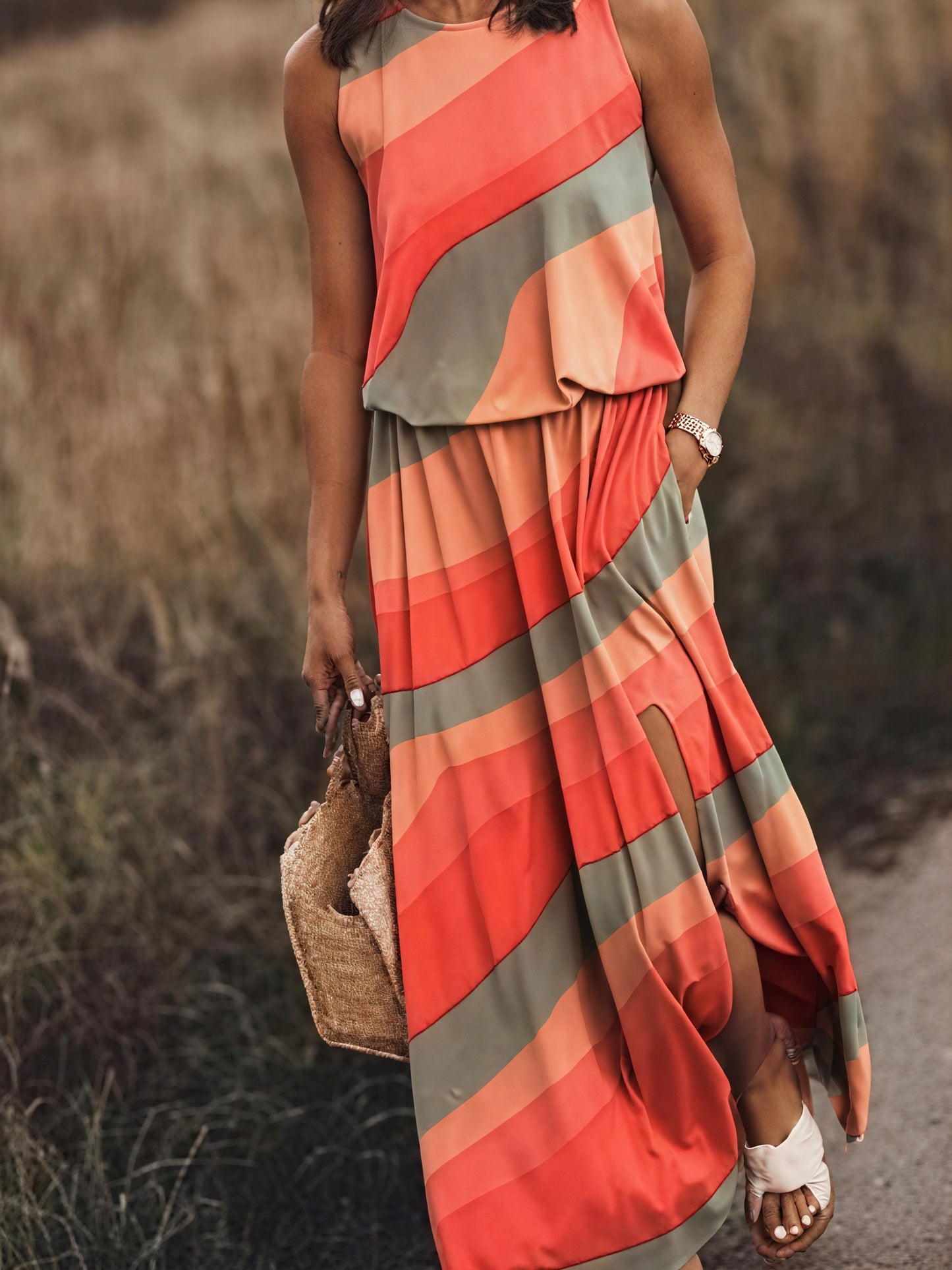 Sleeveless Maxi Dress for Women with Side Slit, Pockets, Unique Floral/Striped Pattern, Versatile Summer Style-83214-b9718ea3-6dbc-488f-a51e-882d788c18c8