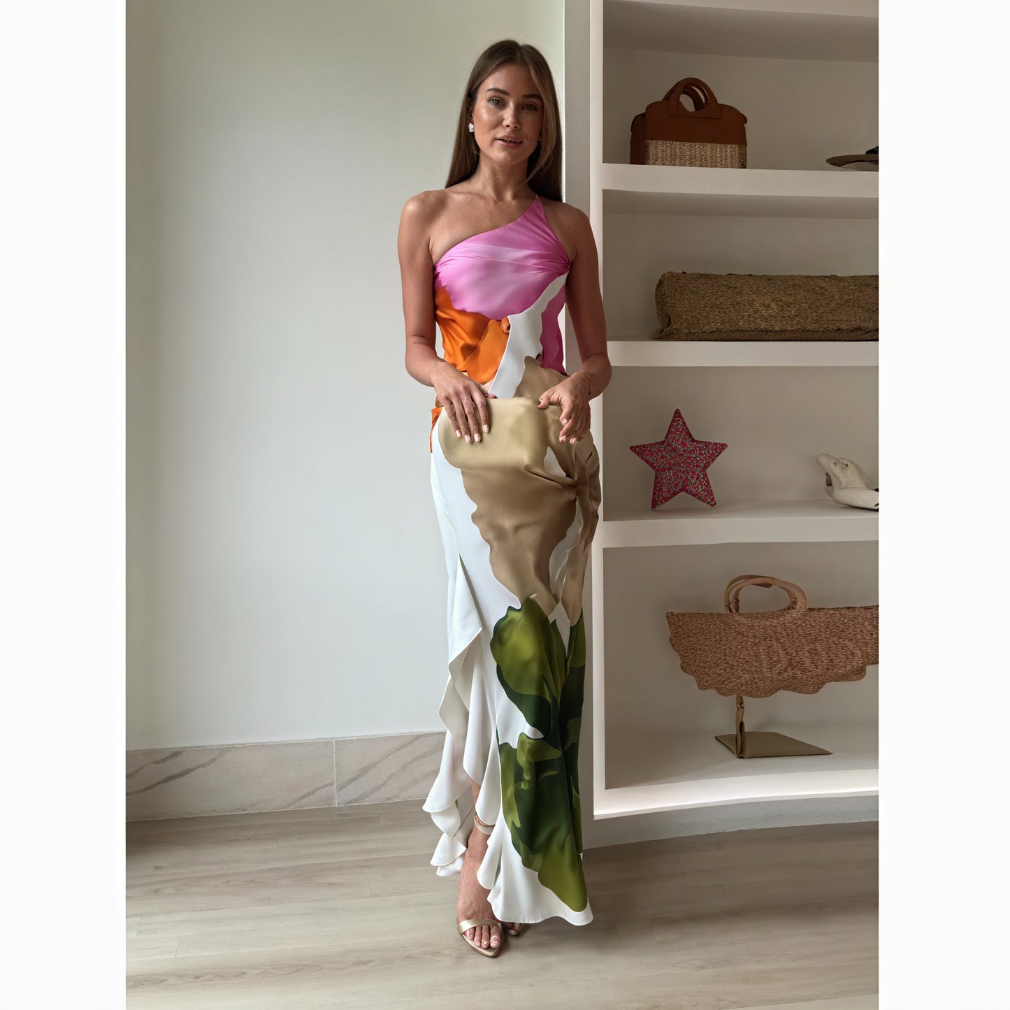 Women's Maxi Dress – Printed One-Shoulder Halter Neck Sleeveless-83229-3fabbd06-022b-4225-94d2-9ac7537d0a42