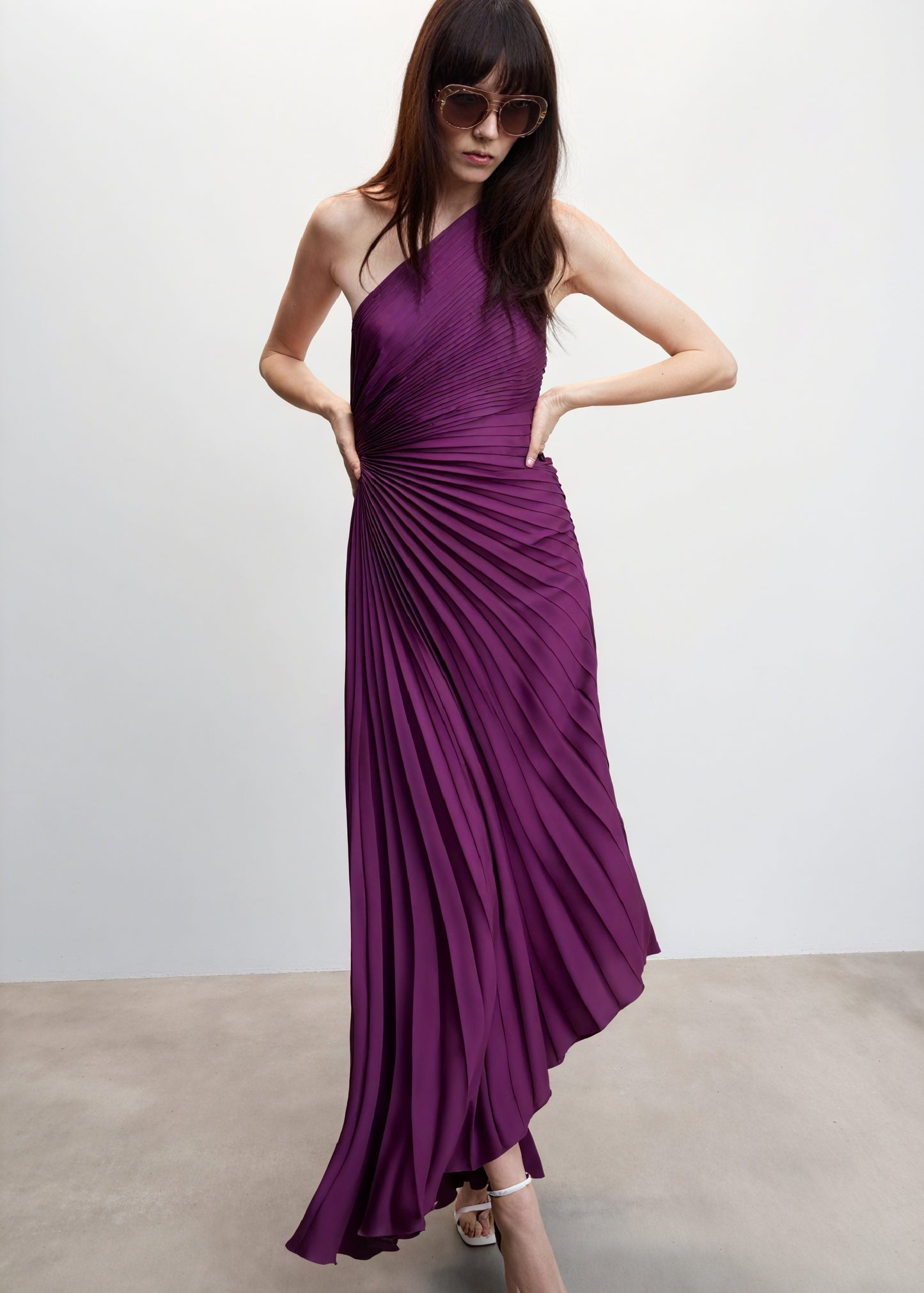 Women's One-Shoulder Pleated Dress – Asymmetrical Hem, Elegant-83236-7848a536-1b43-4eff-9e1c-8d3b98e1f917
