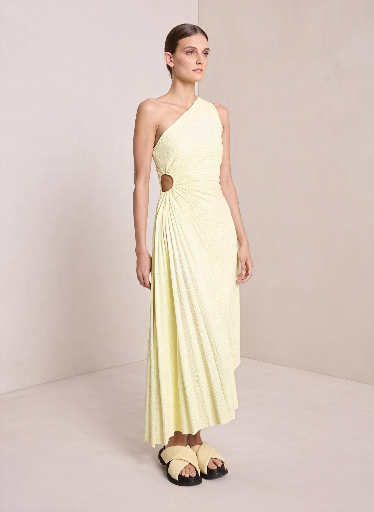 Women's One-Shoulder Pleated Dress – Asymmetrical Hem, Elegant-83236-efc92923-2625-4470-9f98-742035a93e74