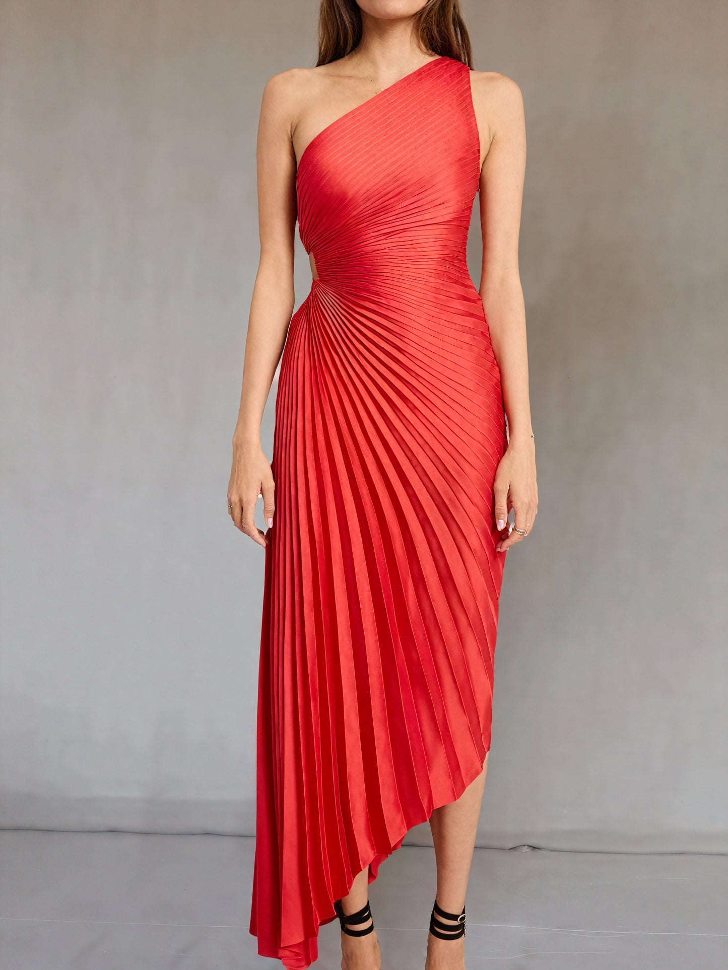 Women's One-Shoulder Pleated Dress – Asymmetrical Hem, Elegant-83236-0fed524a-3d60-497b-8a67-19964d98aa2e