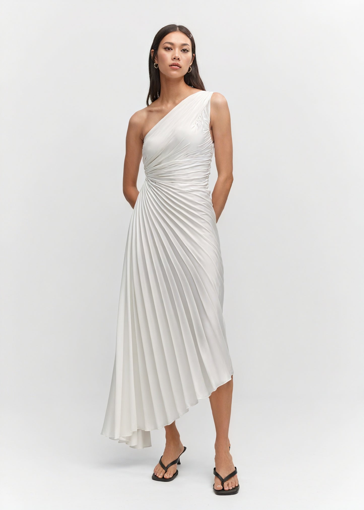 Women's One-Shoulder Pleated Dress – Asymmetrical Hem, Elegant-83236-e9175566-6eb9-4518-b811-9418ceacd562