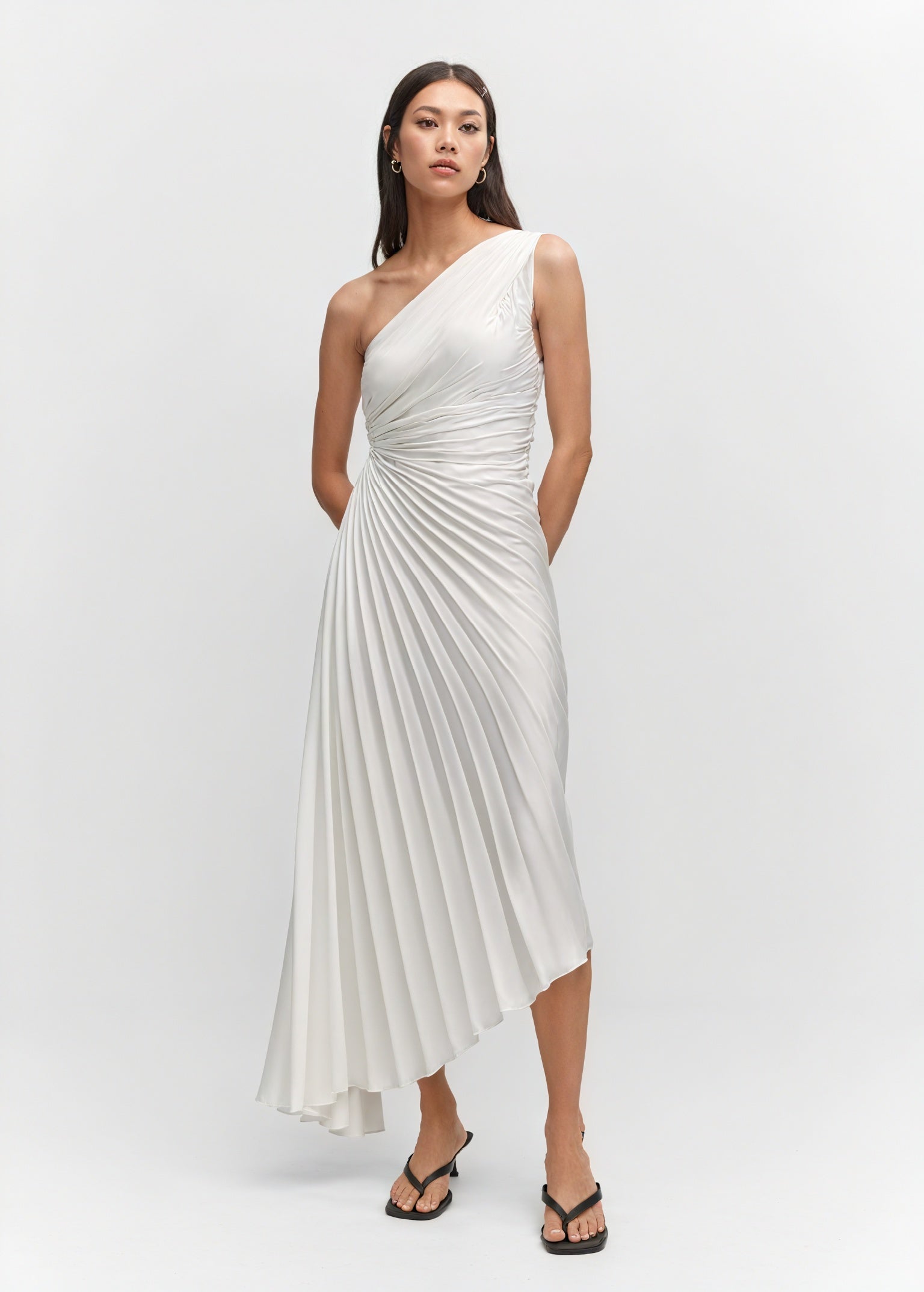 Women's One-Shoulder Pleated Dress – Asymmetrical Hem, Elegant-83236-e9175566-6eb9-4518-b811-9418ceacd562