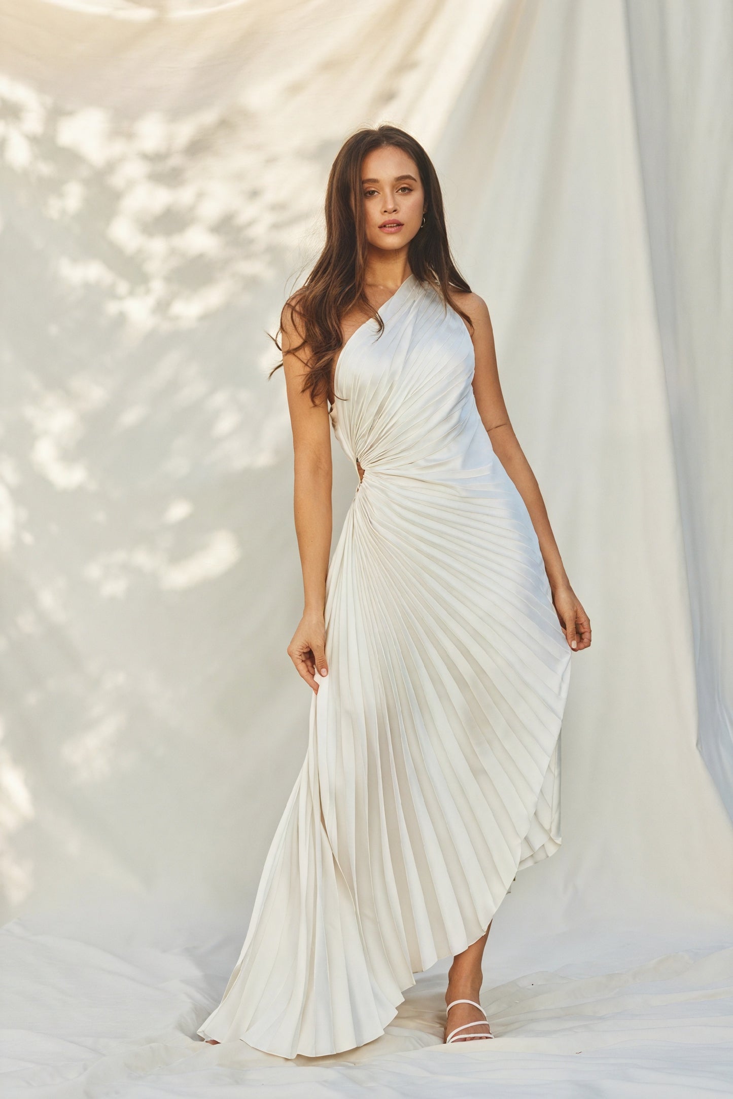 Women's One-Shoulder Pleated Dress – Asymmetrical Hem, Elegant-83236-b619e92a-b572-405b-a18a-52ef16088bfd