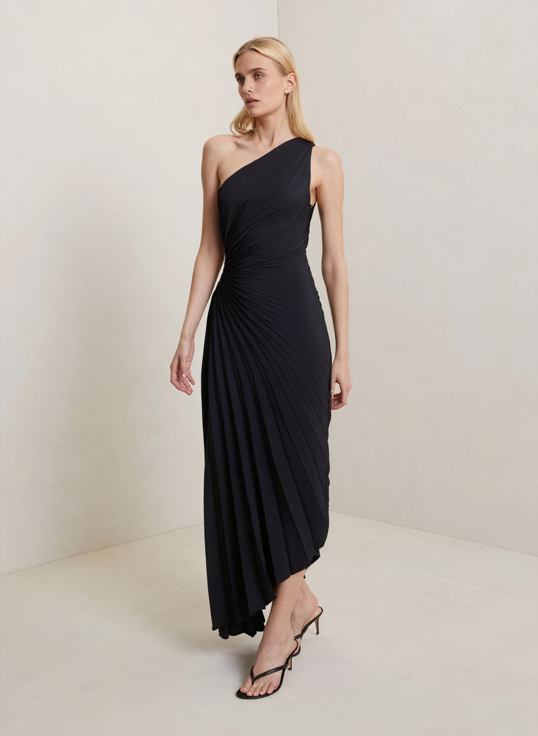 Women's One-Shoulder Pleated Dress – Asymmetrical Hem, Elegant-83236-b6bd053d-56ea-44a9-b100-57b38689703e