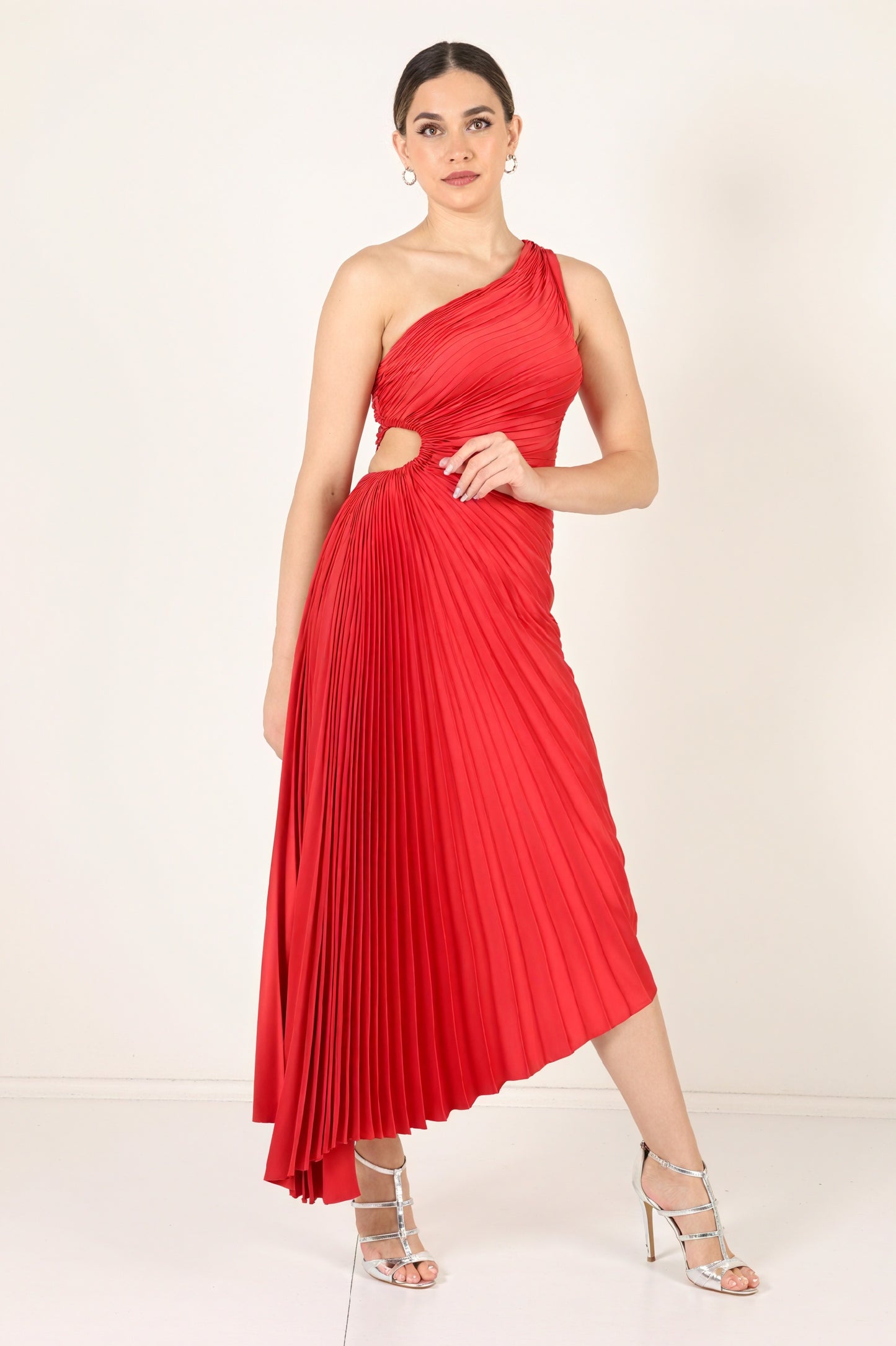 Women's One-Shoulder Pleated Dress – Asymmetrical Hem, Elegant-83236-5df5c906-d5d7-4b50-8621-900f8c072c53