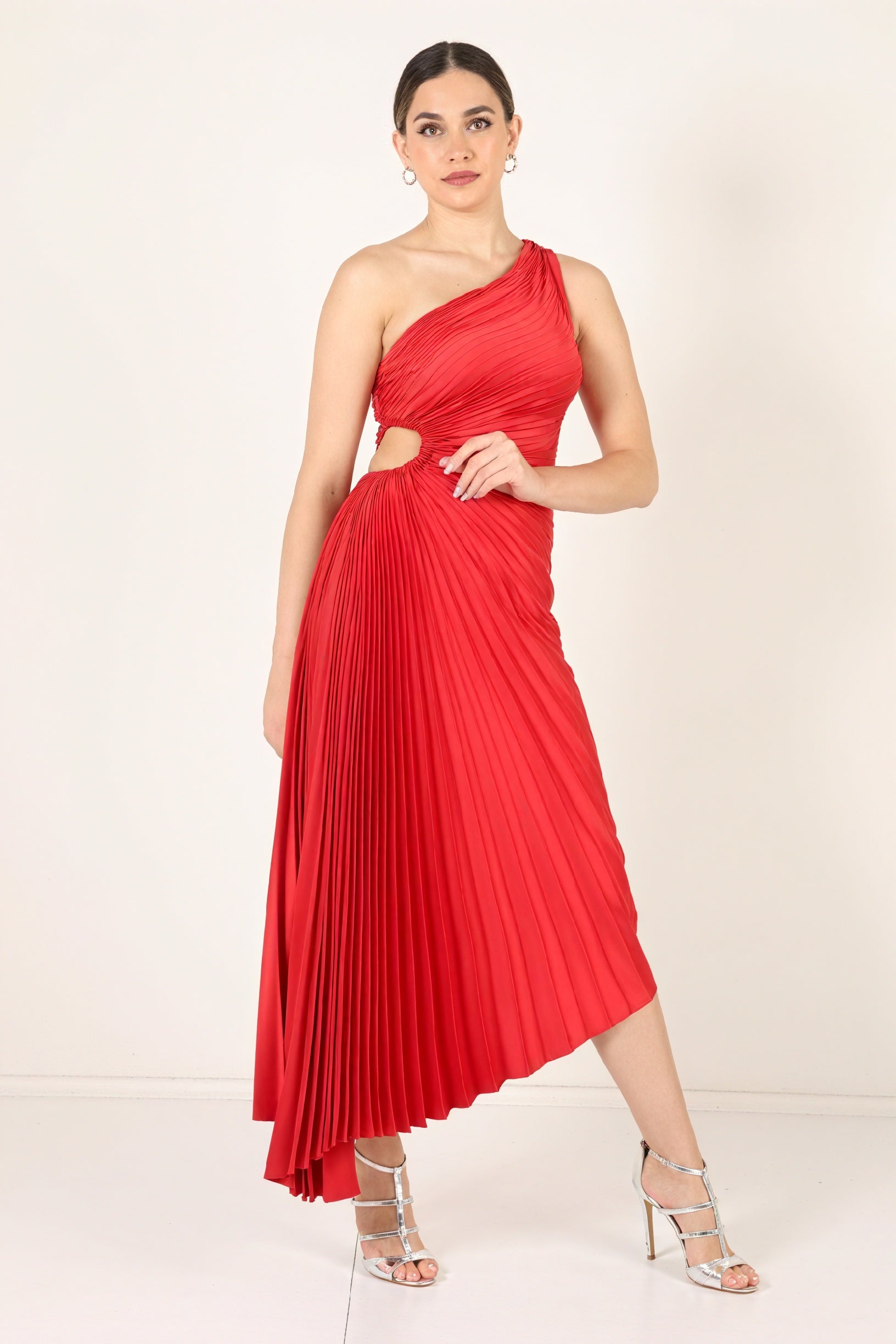 Women's One-Shoulder Pleated Dress – Asymmetrical Hem, Elegant-83236-5df5c906-d5d7-4b50-8621-900f8c072c53