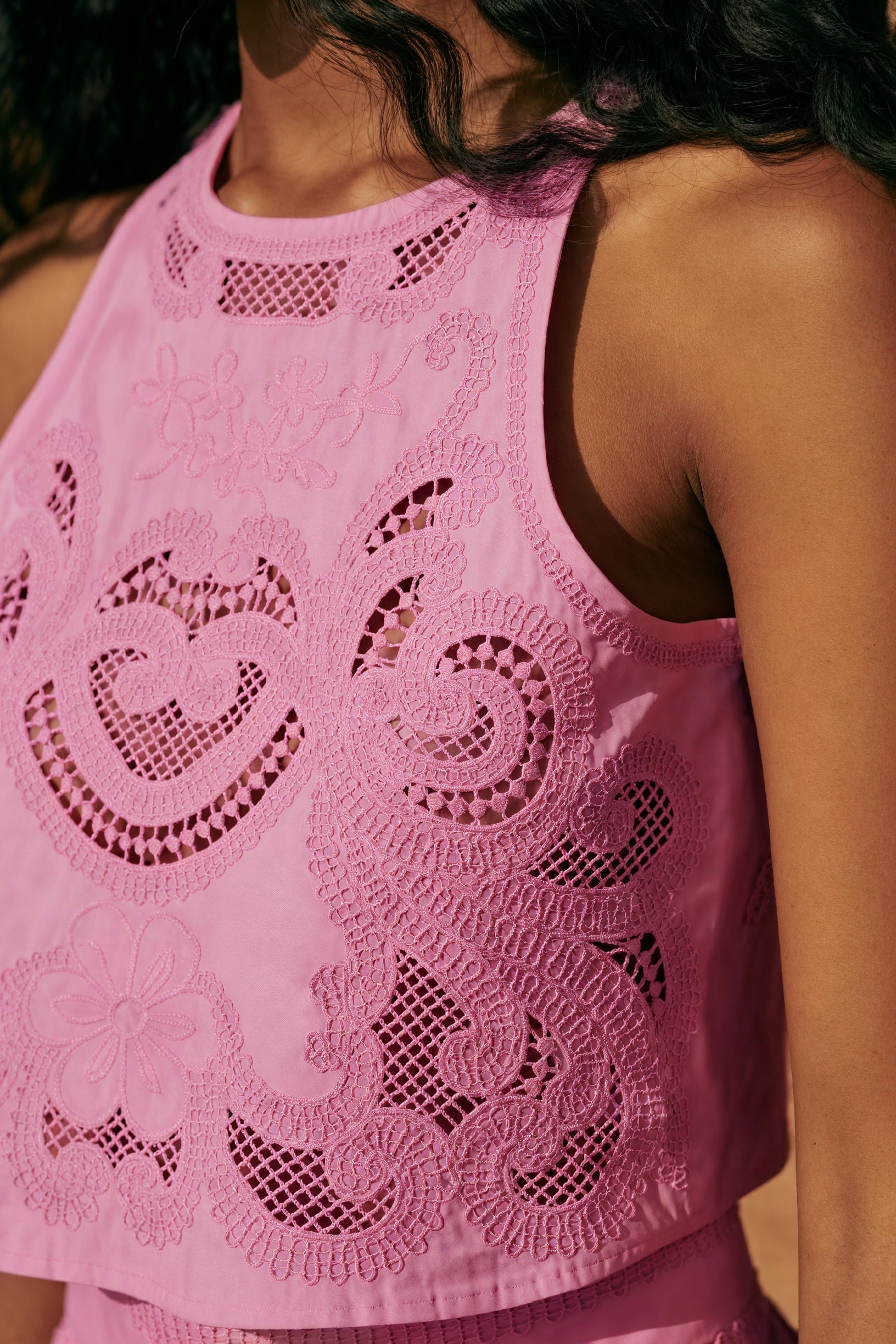 Basicfold Women's Pink Laser-Cut Two-Piece Outfit - Halter Crop Top & Slit Skirt-83273-efc37e2e-2be7-4ebd-948b-e75027abf476