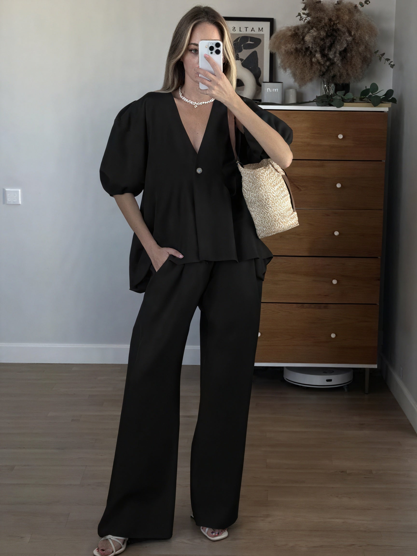 Basicfold Women's Linen Two-Piece Outfit – V-Neck Puff Sleeve Top & Wide-Leg Pants Set-83274-36ef262c-df96-42be-9ed8-d7bfc32f7290