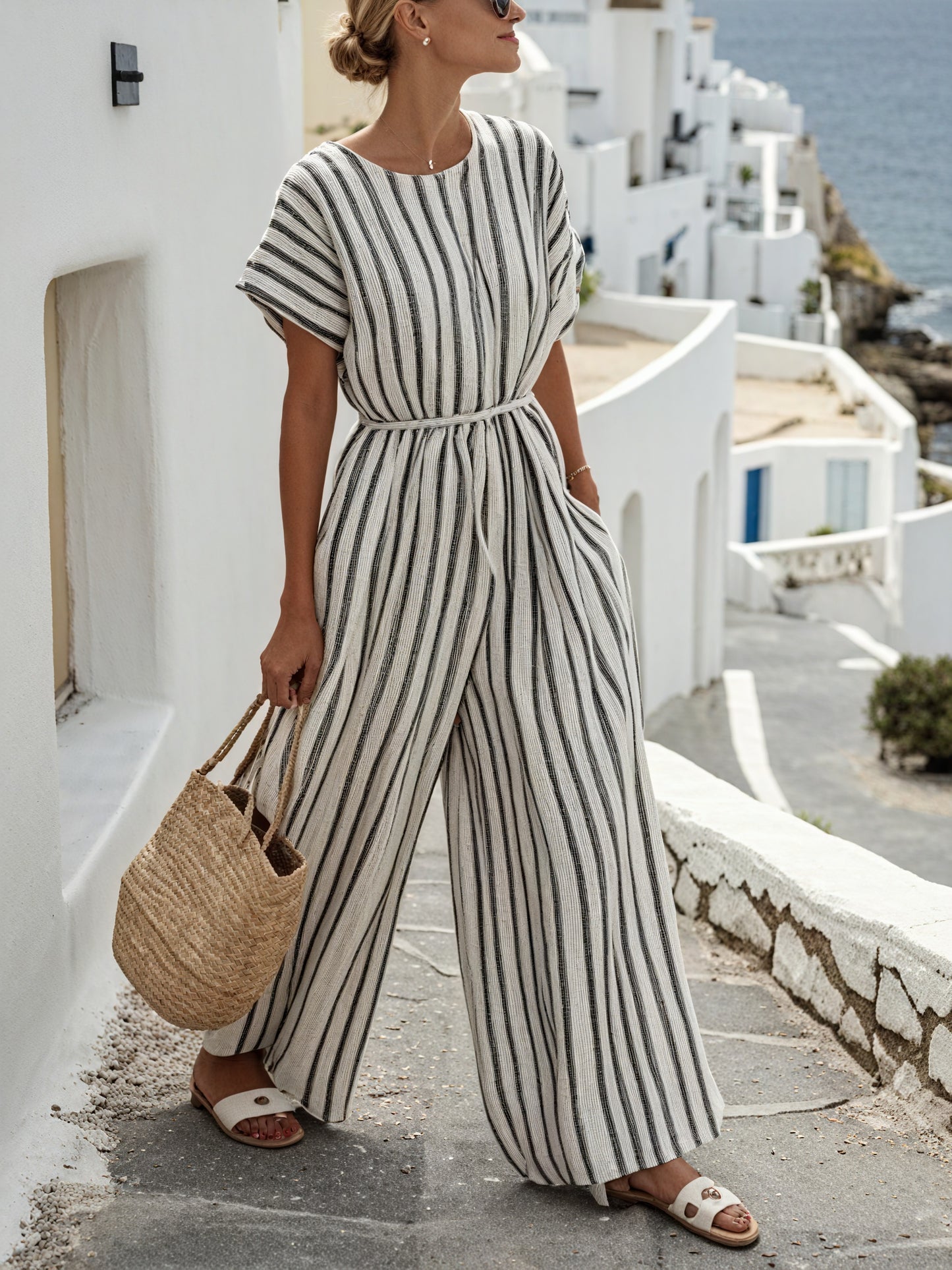 Basicfold Women's Striped Wide-Leg Jumpsuit – Belted, Short Sleeve, Relaxed Fit, S-XL-83287-2d391c01-1a11-49eb-8499-968cbdea13c4