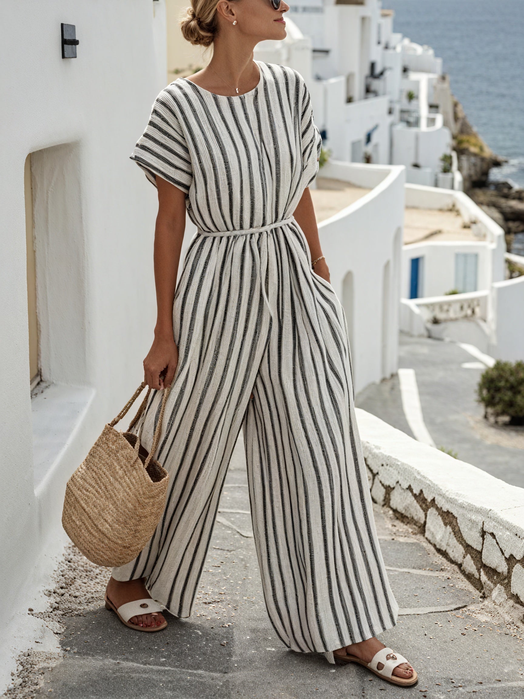 Basicfold Women's Striped Wide-Leg Jumpsuit – Belted, Short Sleeve, Relaxed Fit, S-XL-83287-2d391c01-1a11-49eb-8499-968cbdea13c4