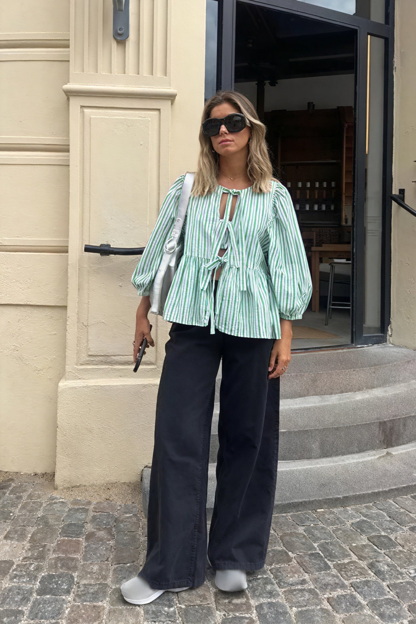 Women's Green Striped Tie-Front Puffed Sleeve Blouse, Modern Feminine-83297-da3f2257-0a11-4128-a5cc-087663853bfb