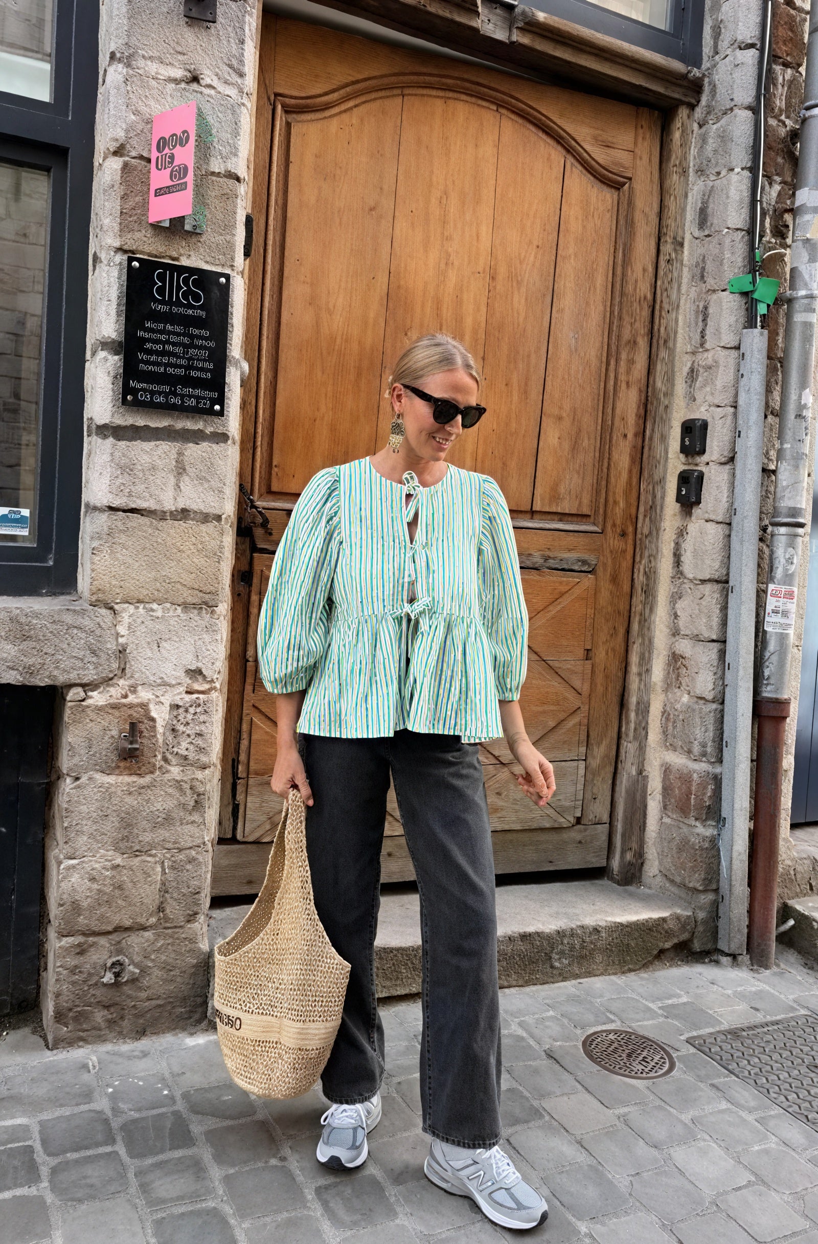 Women's Green Striped Tie-Front Puffed Sleeve Blouse, Modern Feminine-83297-e9500148-d66a-4b16-b2a4-0bea86b5e139