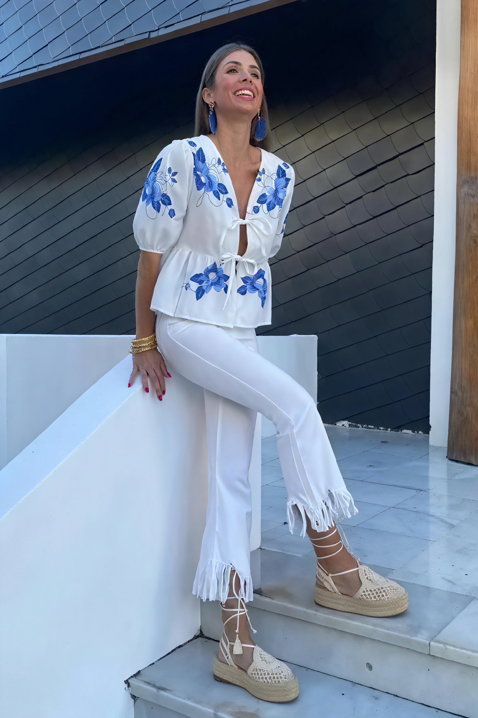 Women's White Embroidered Blouse – Floral V-Neck Short Sleeve Tie Closure-83305-8b94dec0-4230-4bc6-9b55-86bc6e7fc929