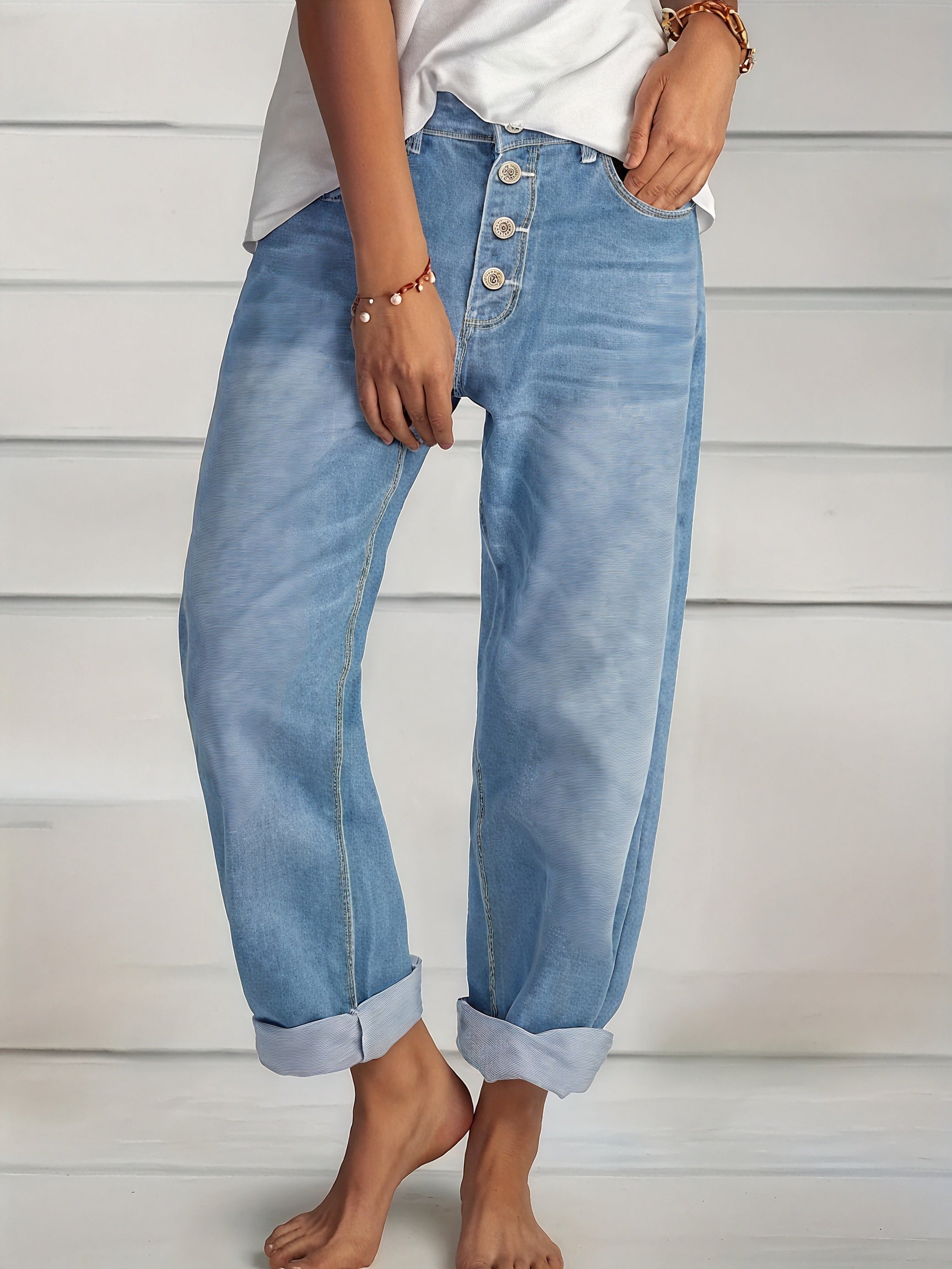 Women's Light Blue Loose Fit Jeans – Cuffed Hem, Button Fly-83359-b5b290b7-77f6-44b3-9373-59cee133f370