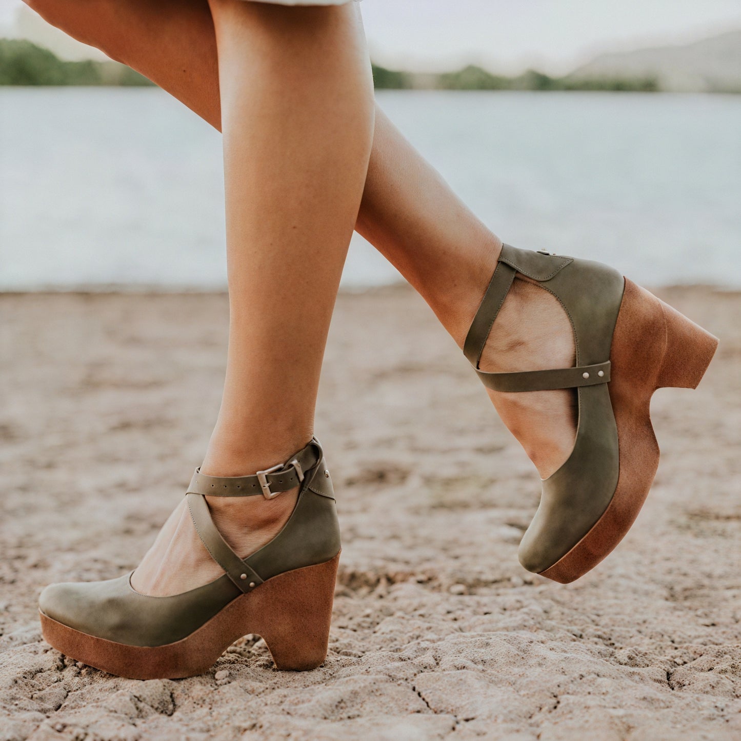 Women's Leather Platform Sandals – Wooden Sole, Ankle Strap, Cross-Strap Design-83366-f56558b1-c13c-4bf6-a76b-c9431ee8501f