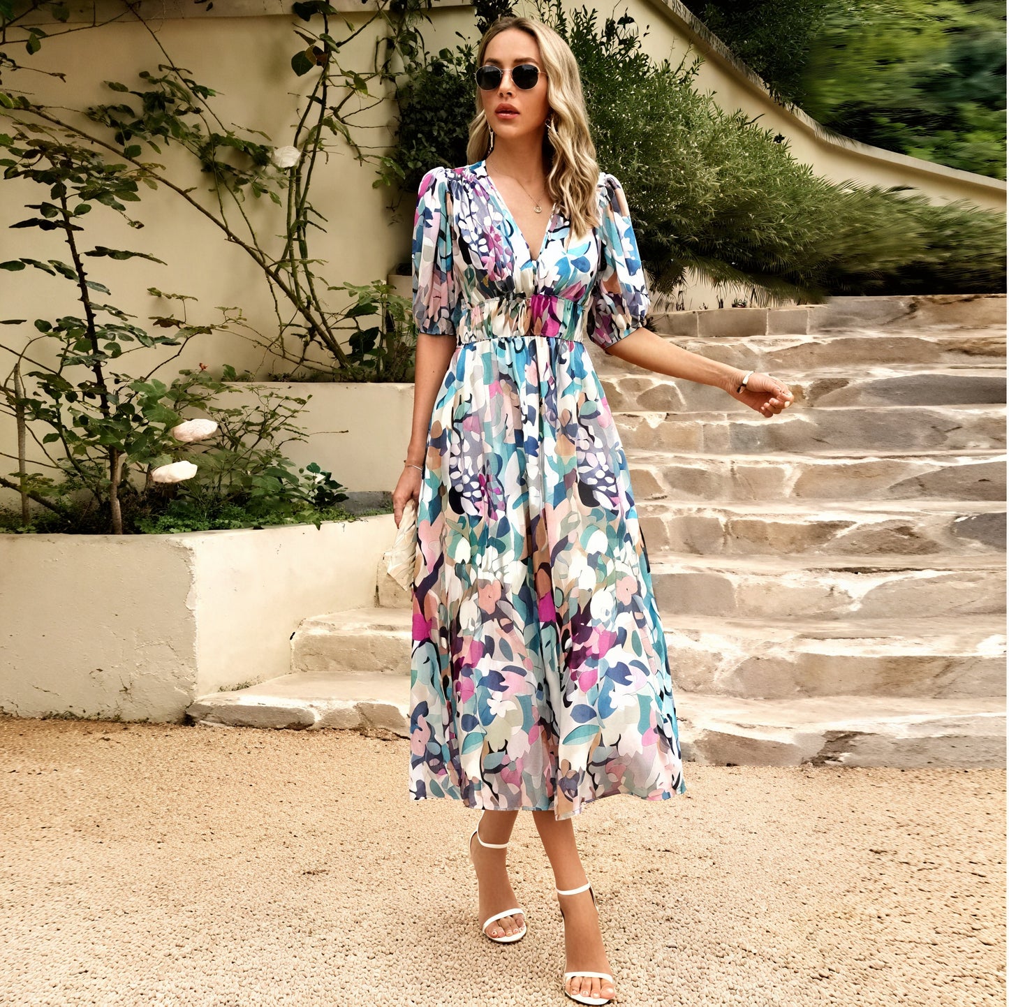 Women's Floral Midi Dress – V-Neck, Short Sleeve, Flowy Silhouette-83546-b193803f-d1b8-4c86-b8a6-40908597ad22