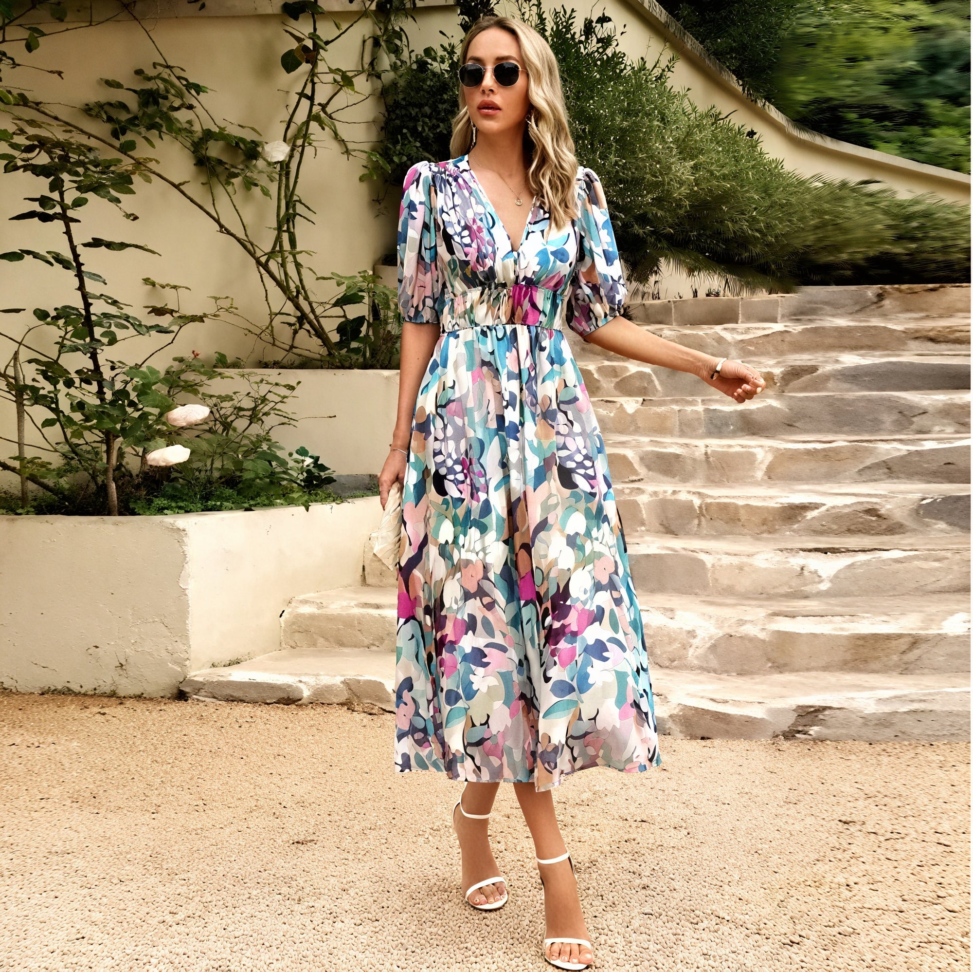 Women's Floral Midi Dress – V-Neck, Short Sleeve, Flowy Silhouette-83546-b193803f-d1b8-4c86-b8a6-40908597ad22