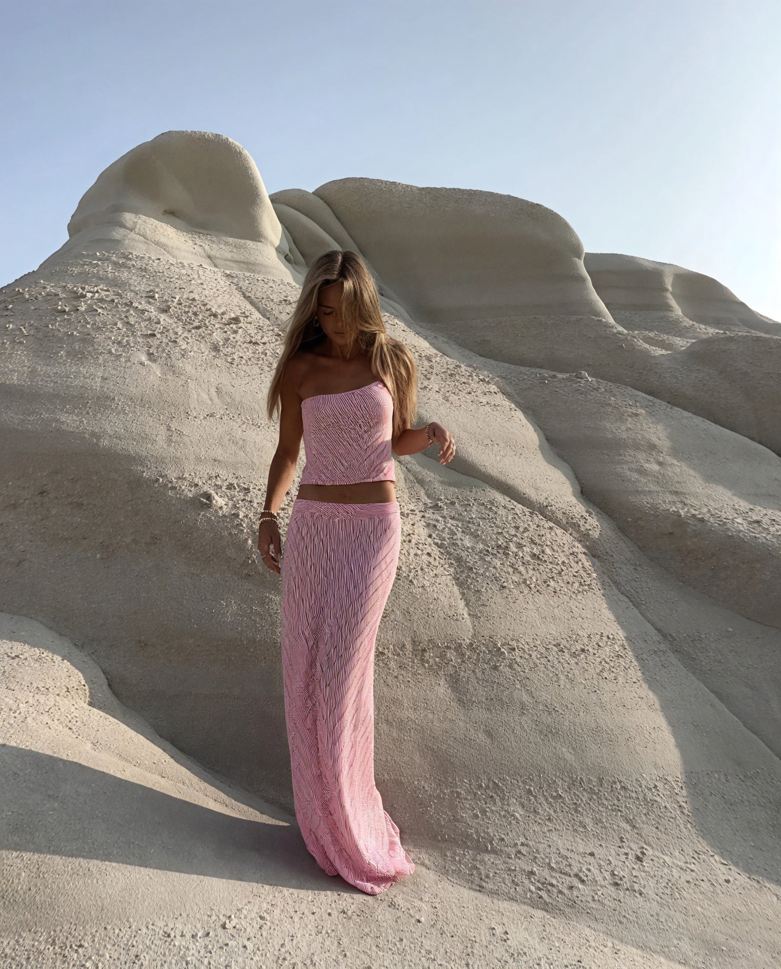 Women's Pink White Striped Two-Piece Set – Strapless Top & Maxi Skirt-83557-6701d4cd-f6c0-41b0-9071-c307e8a43e88