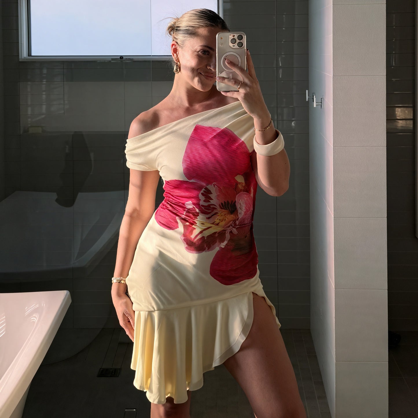 Women's Floral Mini Dress – Asymmetrical Neckline, Playful Style-83568-a8203c27-f08f-42ea-9d72-116faa918734