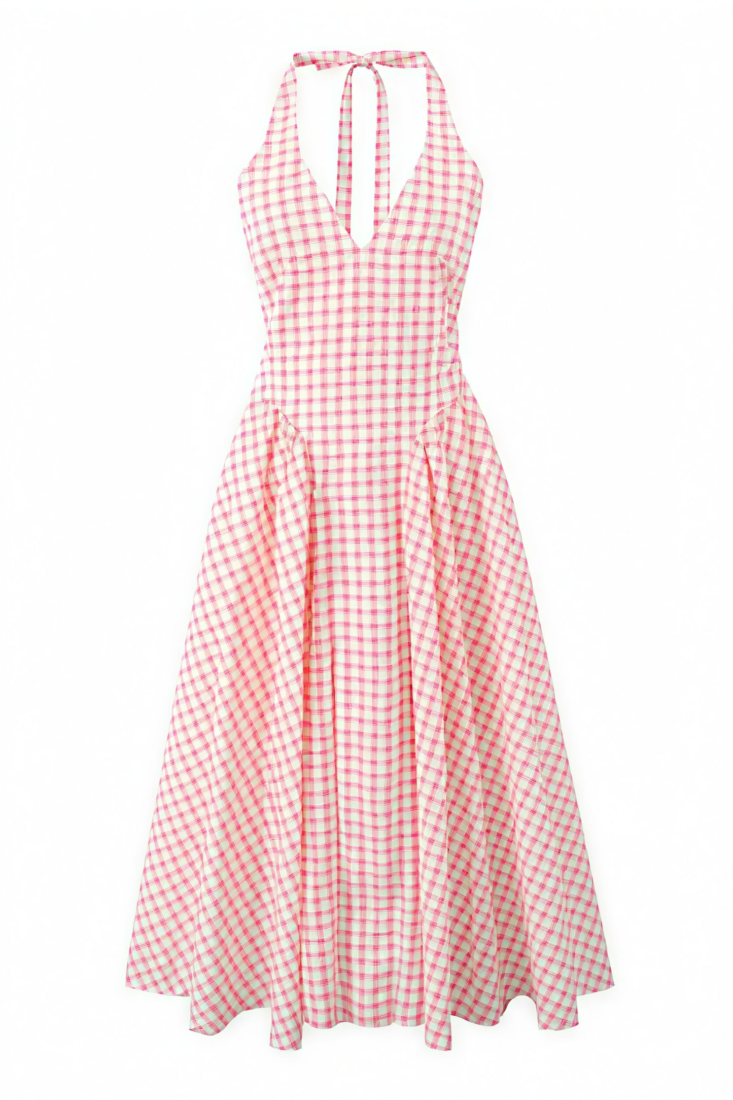Women's Pink Gingham V-Neck Pleated Midi Dress-83586-ad8c3dd0-79c9-4185-82c2-589b41987e80