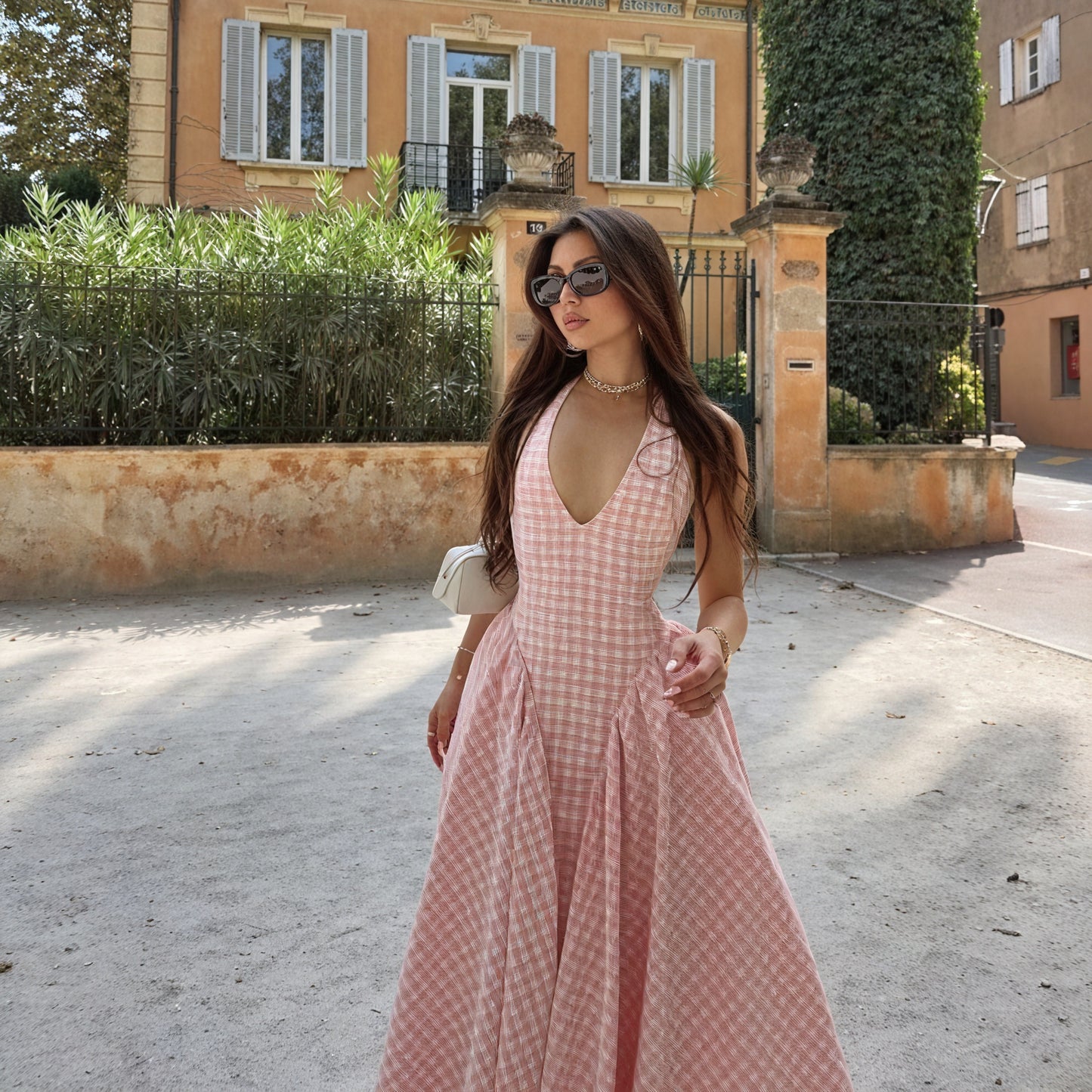 Women's Pink Gingham V-Neck Pleated Midi Dress-83586-14ee1f0a-e257-4f17-95a0-88813271f76c